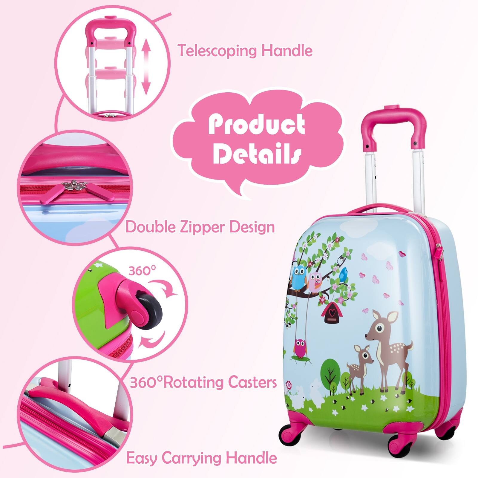 Telescoping Handle  
Product Details  
Double Zipper Design  
360° Rotating Casters  
Easy Carrying Handle