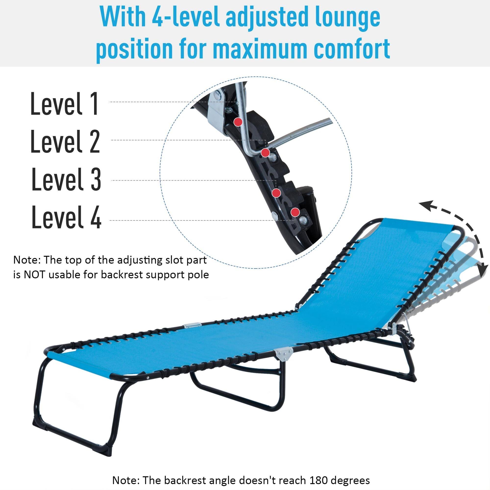 With 4-level adjusted lounge position for maximum comfort
Level 1
Level 2
Level 3
Level 4
Note: The top of the adjusting slot part is NOT usable for backrest support pole
Note: The backrest angle doesn't reach 180 degrees