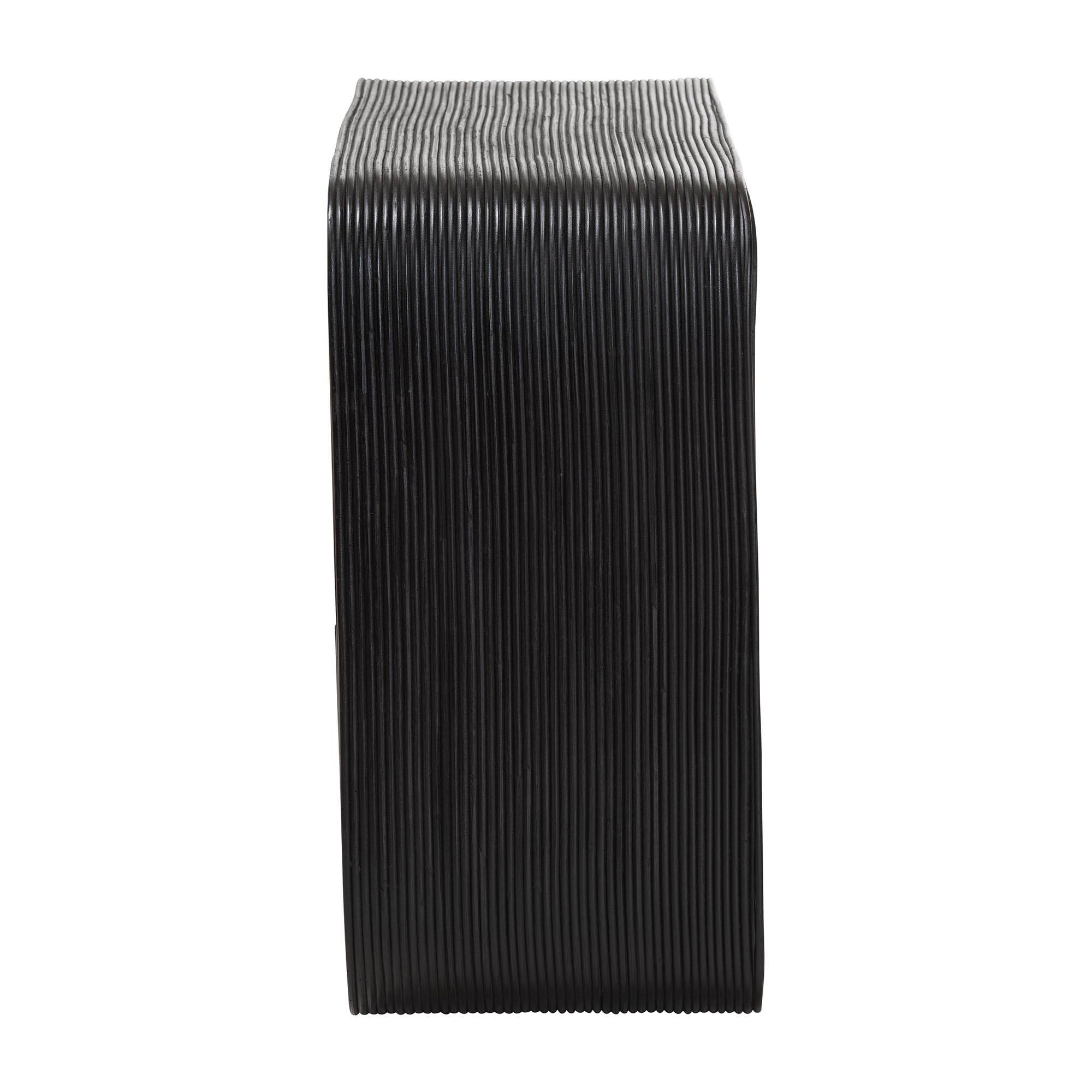 Left. bali & pari - Abebi Rattan Console Table - Modern Accent Table with Waterfall Silhouette and Open Hairpin Legs, Boho Coastal Style - Black.