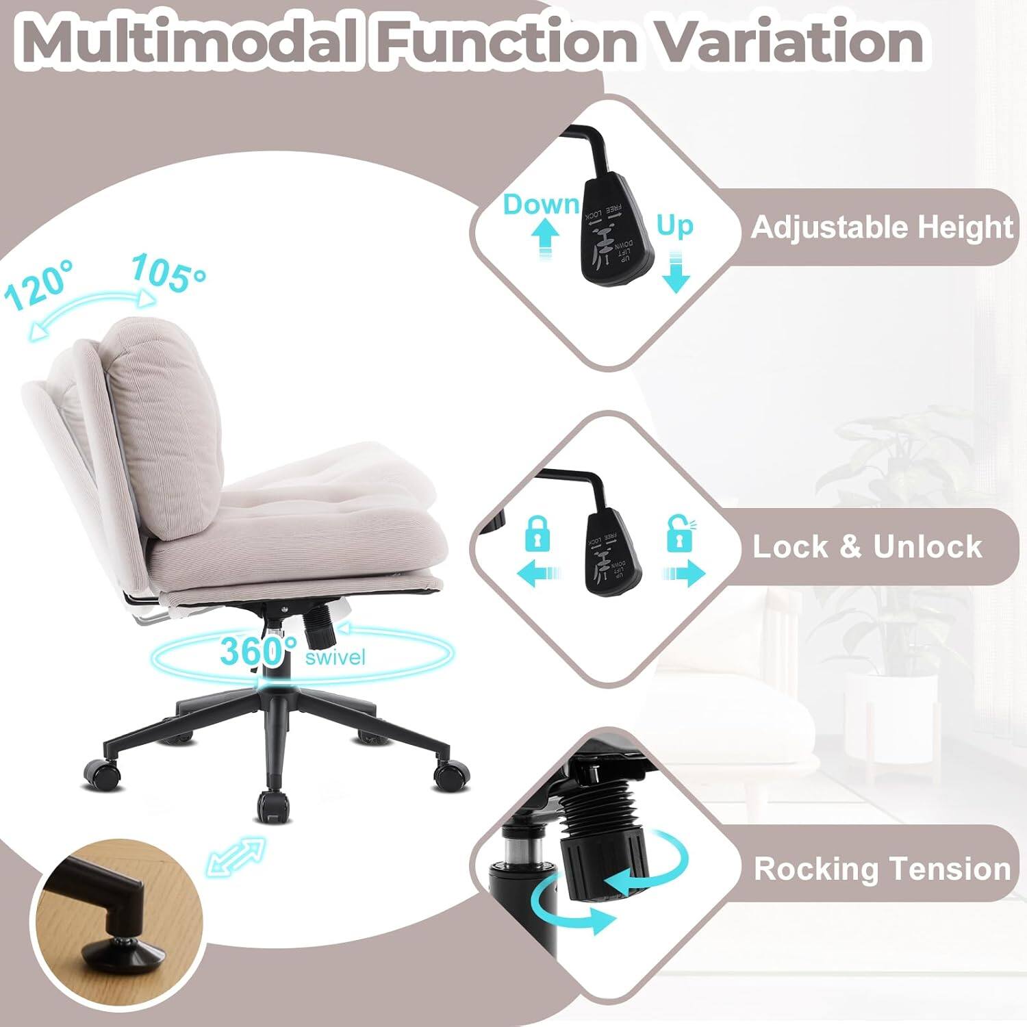 Multimodal Function Variation

- 120°
- 105°
- Down
- Up
- Adjustable Height
- 1 Lock & Unlock
- 360° swivel
- Rocking Tension