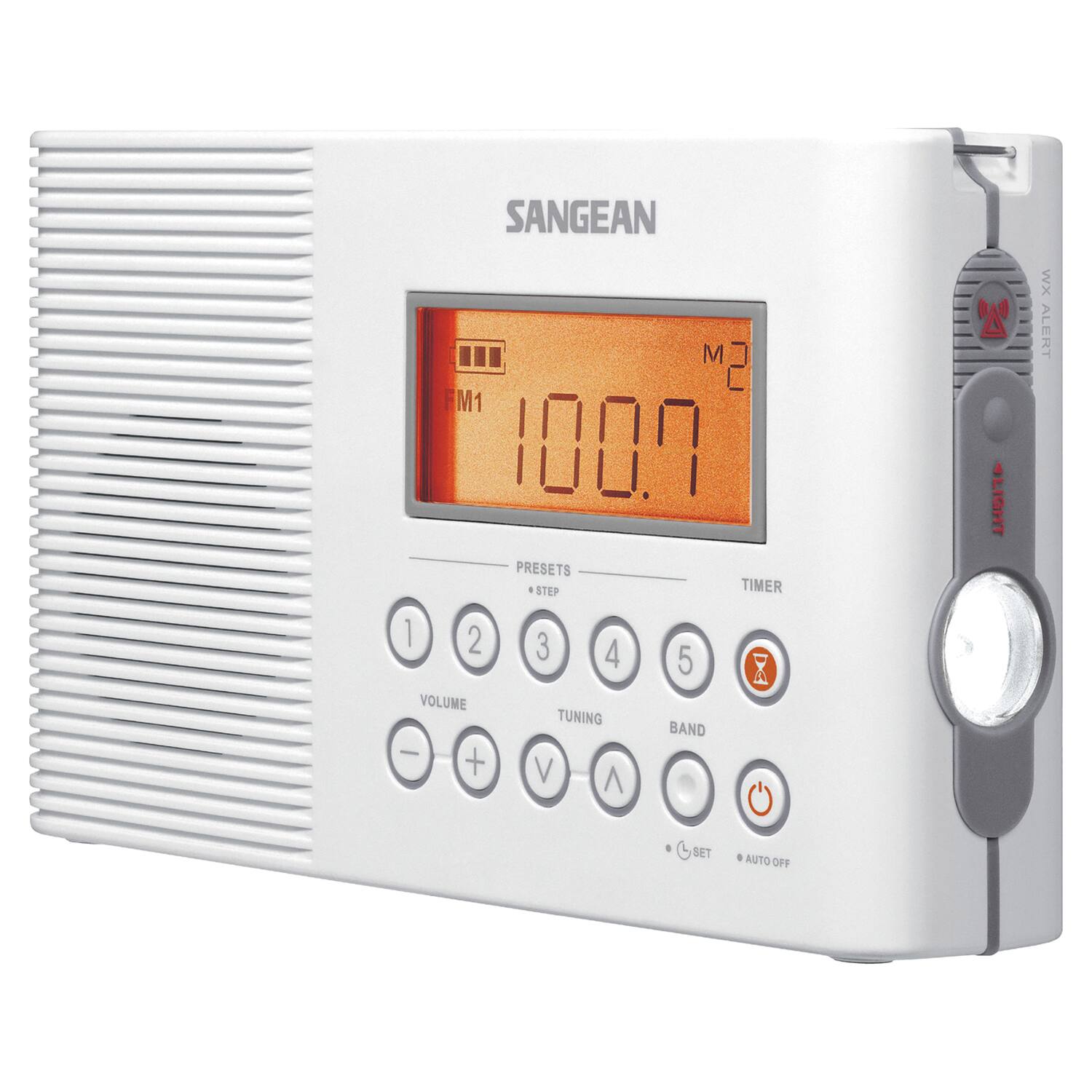 SANGEAN M2 FM1 100.9 PRESETS STEP TIMER A LIGHT WX ALERT 1 2 VOLUME - + 3 4 TUNING V 5 BAND B SET AUTO OFF
