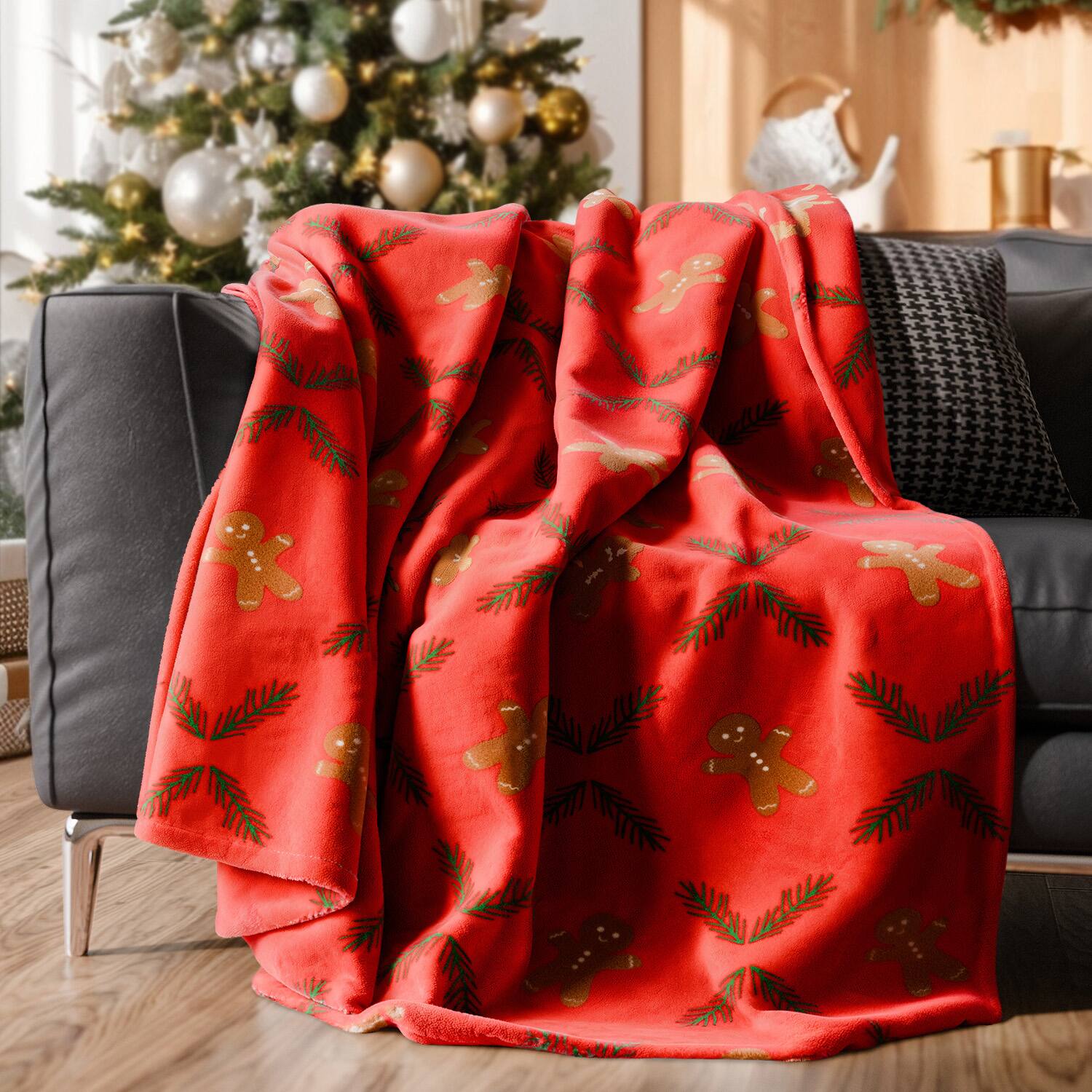 Front. CGK Linens - Christmas Fleece Throw Blanket – Soft Flannel, Lightweight, Cozy Warm Blanket for Couch, Bed & Chair - Gingerbread Cookie.