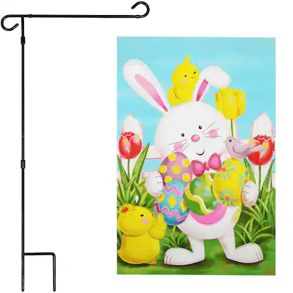 Front. G128 - Combo Pack: Garden Flag Stand 36 x 16 in & 12 x 18 in Double-Sided Happy Easter Bunny Flag. - Multicolor.