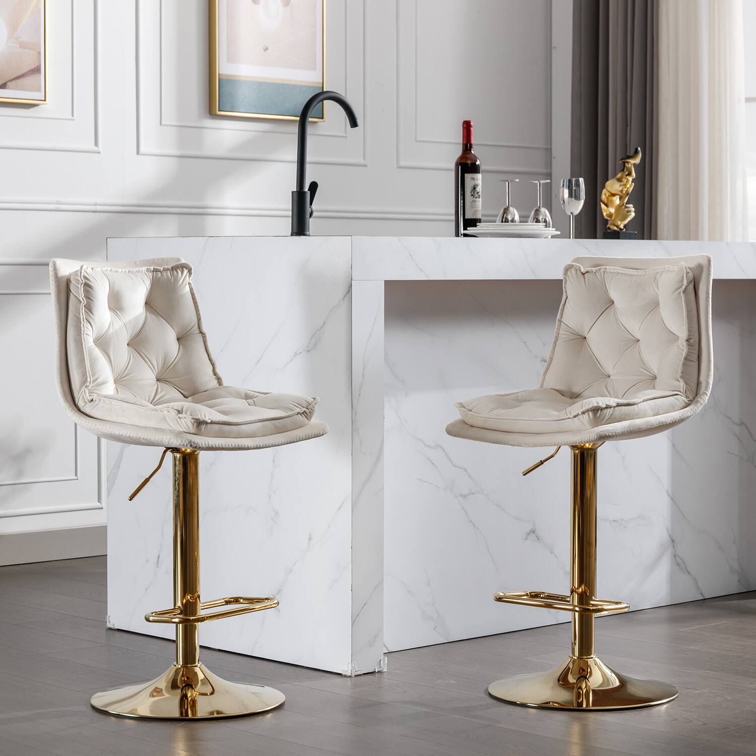 Angle. Trinkets Crazed - Bar Stools Set of 2, Swivel Bar Chairs, Adjustable Barstools Counter Height with Backrest for Kitchen Island - Cream.
