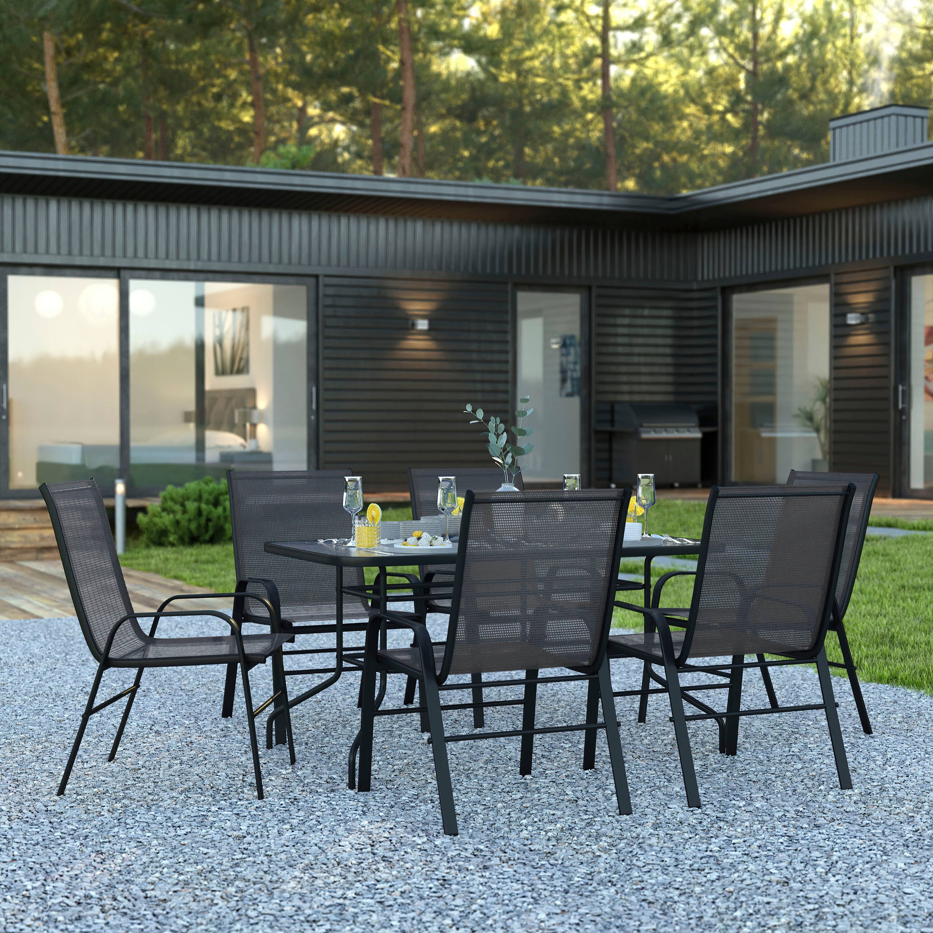 Alt View 1. Emma + Oliver - Seven Piece Patio Table Set with Metal Table with Tempered Glass Top and 6 Flex Comfort Stacking Chairs - Black.