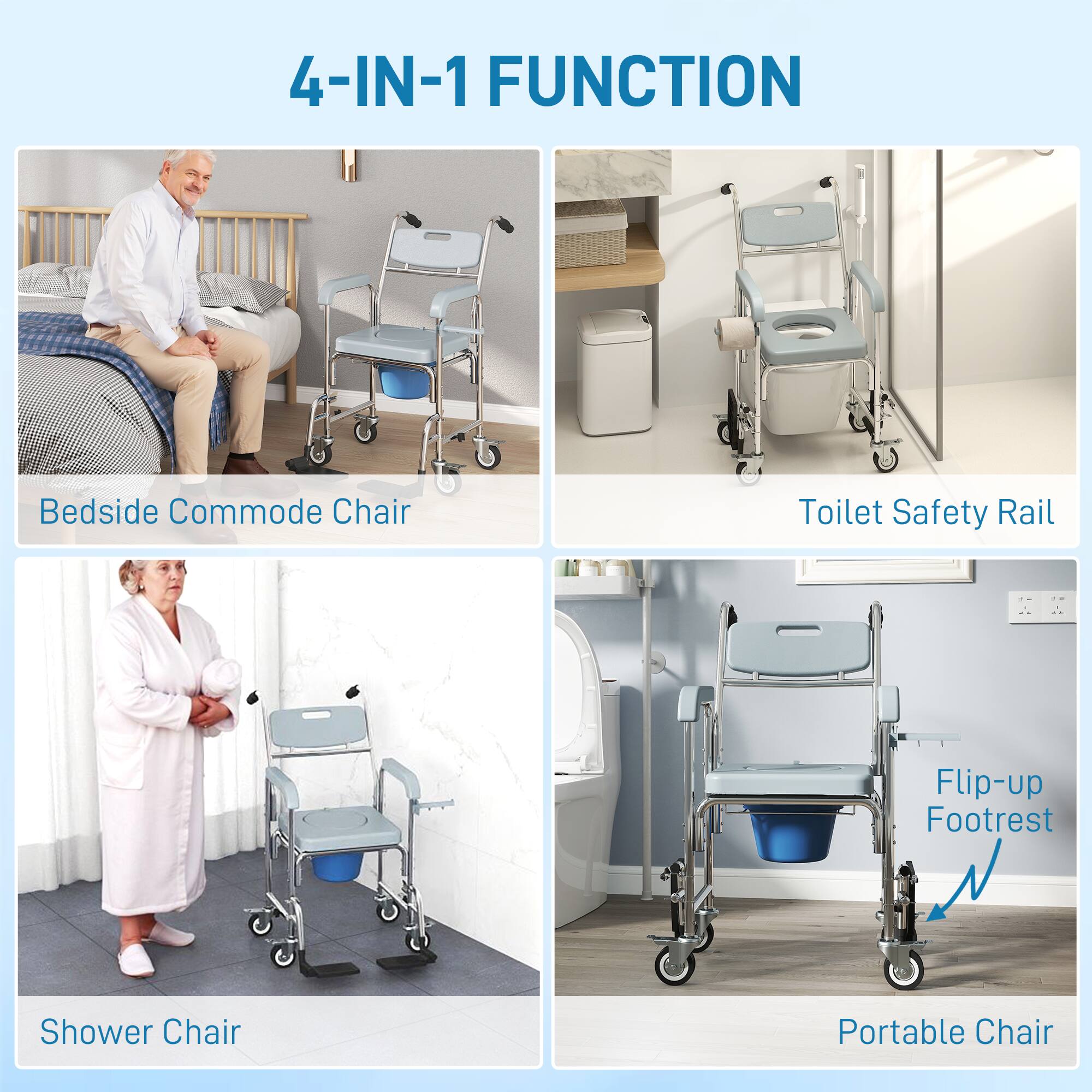 The text in the image can be grouped and corrected as follows:

- **4-IN-1 FUNCTION**
  - **Bedside Commode Chair**
  - **Toilet Safety Rail**
  - **Shower Chair**
  - **Portable Chair with Flip-up Footrest**