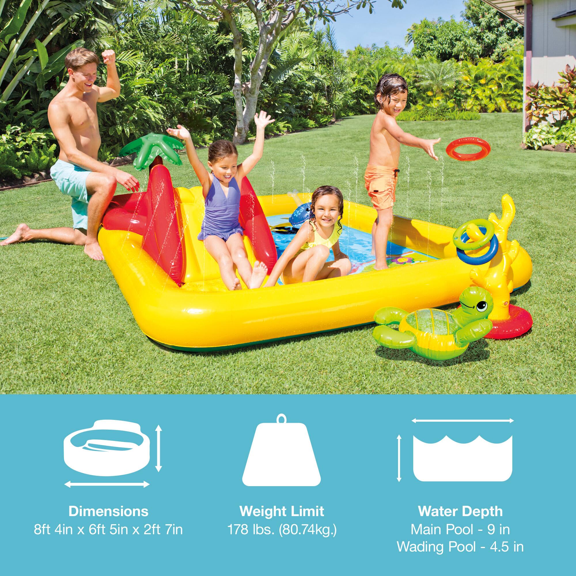 Dimensions: 8ft 4in x 6ft 5in x 2ft 7in  
Weight Limit: 178 lbs. (80.74kg)  
Water Depth:  
- Main Pool: 9 in  
- Wading Pool: 4.5 in