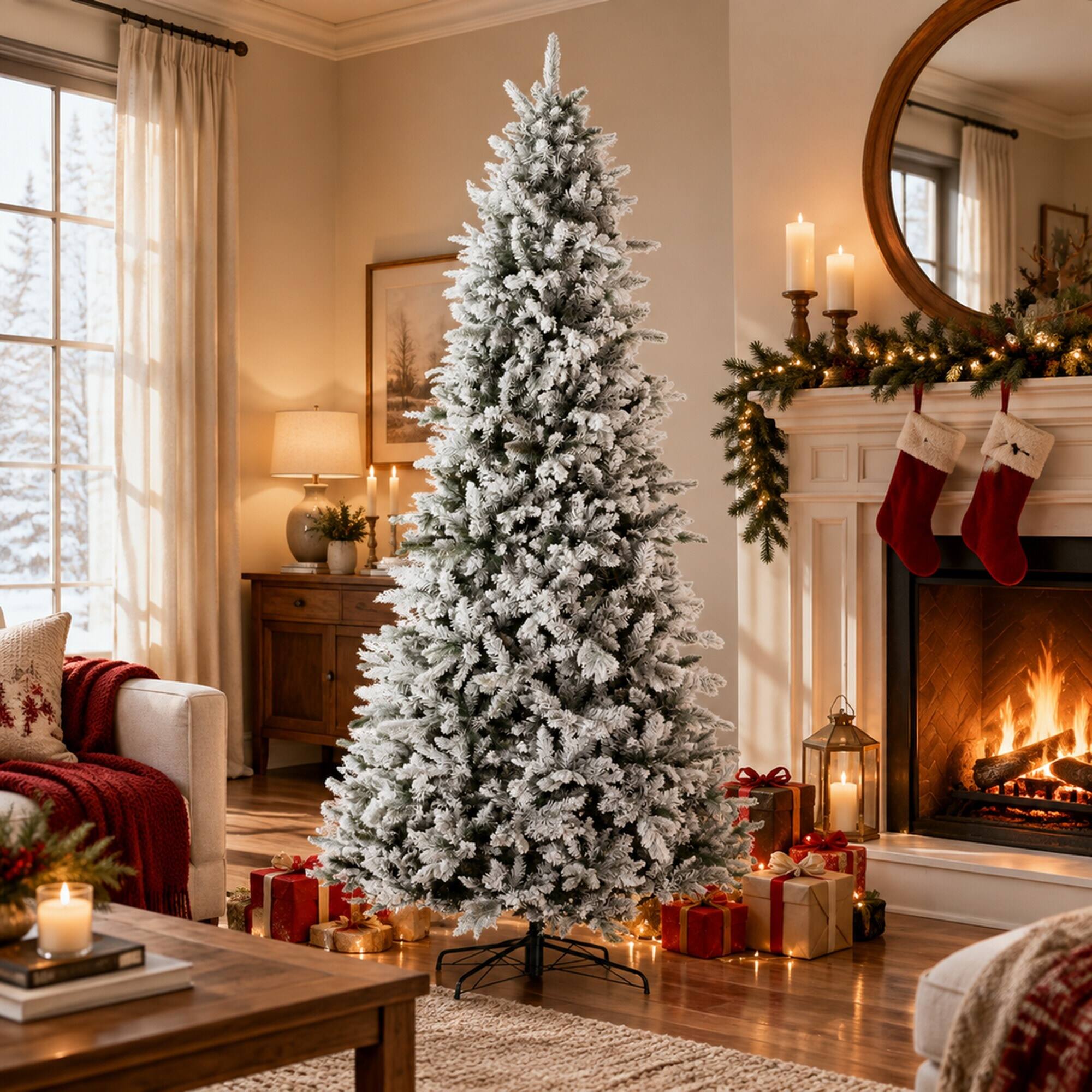 Angle. RYHNUYNE - 9 Ft Snow Flocked Pine Green Artificial Christmas Tree With 616 Cedar Branches, Auto Open Hinged Holiday Home Decor - Green.