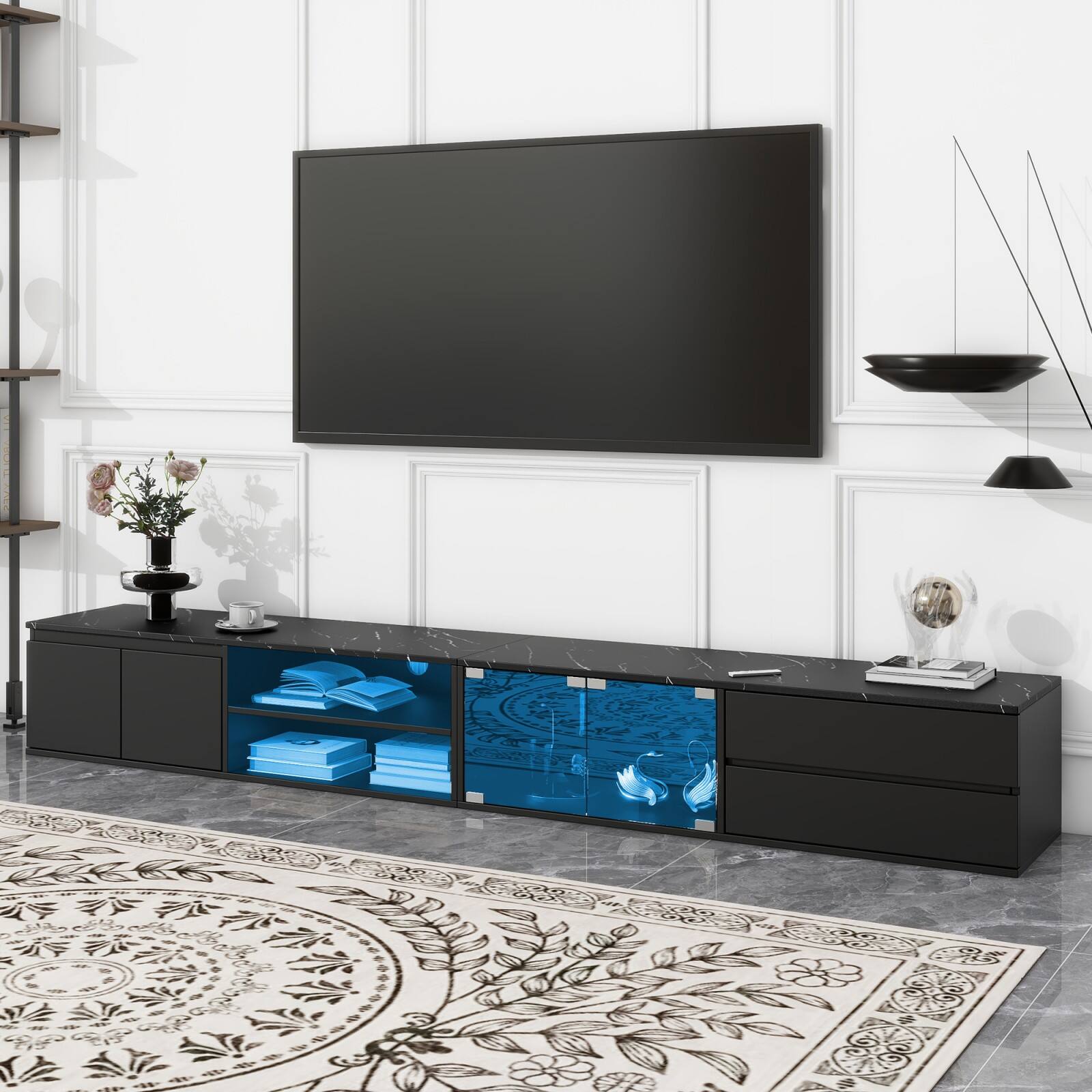 Alt View 1. Ecooso - Modern APP Controlled LED TV Stand for TVs Up to 105'', Faux Marble Tabletop， Tempered Glass Doors,2 Drawers & Cabinets - Black.
