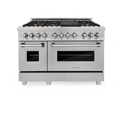 Front. ZLINE - ZLINE 48 in. Legacy Dual Fuel Range with 6 Brass Burners (RAS-SN-BR-48) - Satin Stainless Steel.