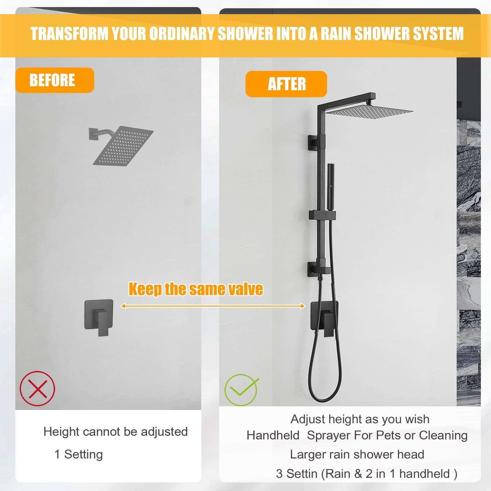 TRANSFORM YOUR ORDINARY SHOWER INTO A RAIN SHOWER SYSTEM

BEFORE
- Keep the same valve
- Height cannot be adjusted
- 1 Setting

AFTER
- Adjust height as you wish
- Handheld Sprayer for Pets or Cleaning
- Larger rain shower head
- 3 Settings (Rain & 2 in 1 handheld)