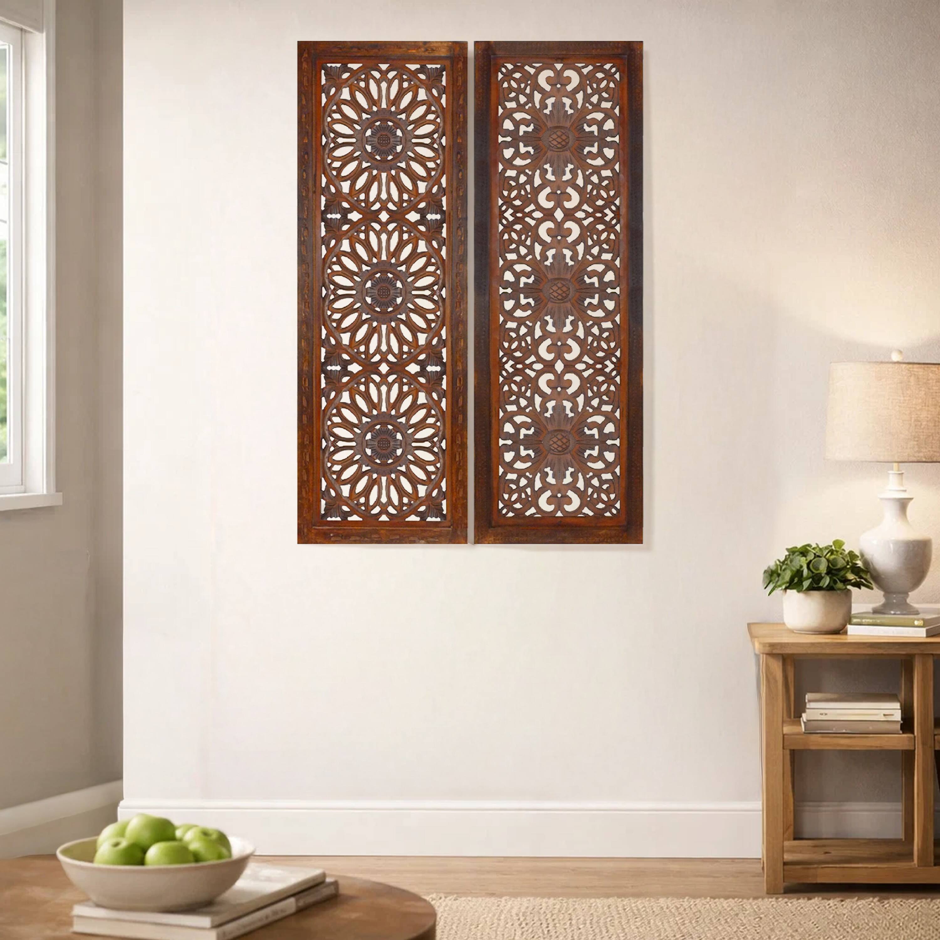Alt View 9. Manhattan Lane - Set of 2 Hand Carved Mango Wood Wall Panels: Burnt Brown Medallion Design - Brown.