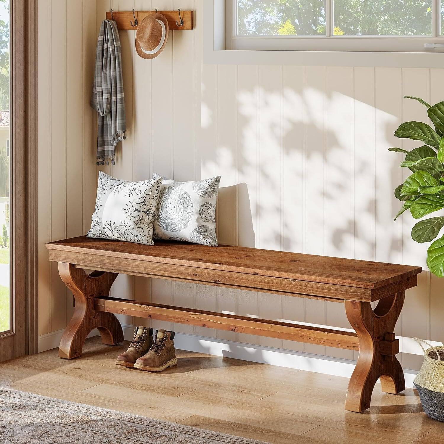 Front. Tribesigns - Office Reception Bench with Solid Wood Construction, Wooden Frame, for Office Entryways and Waiting Areas - Brown.