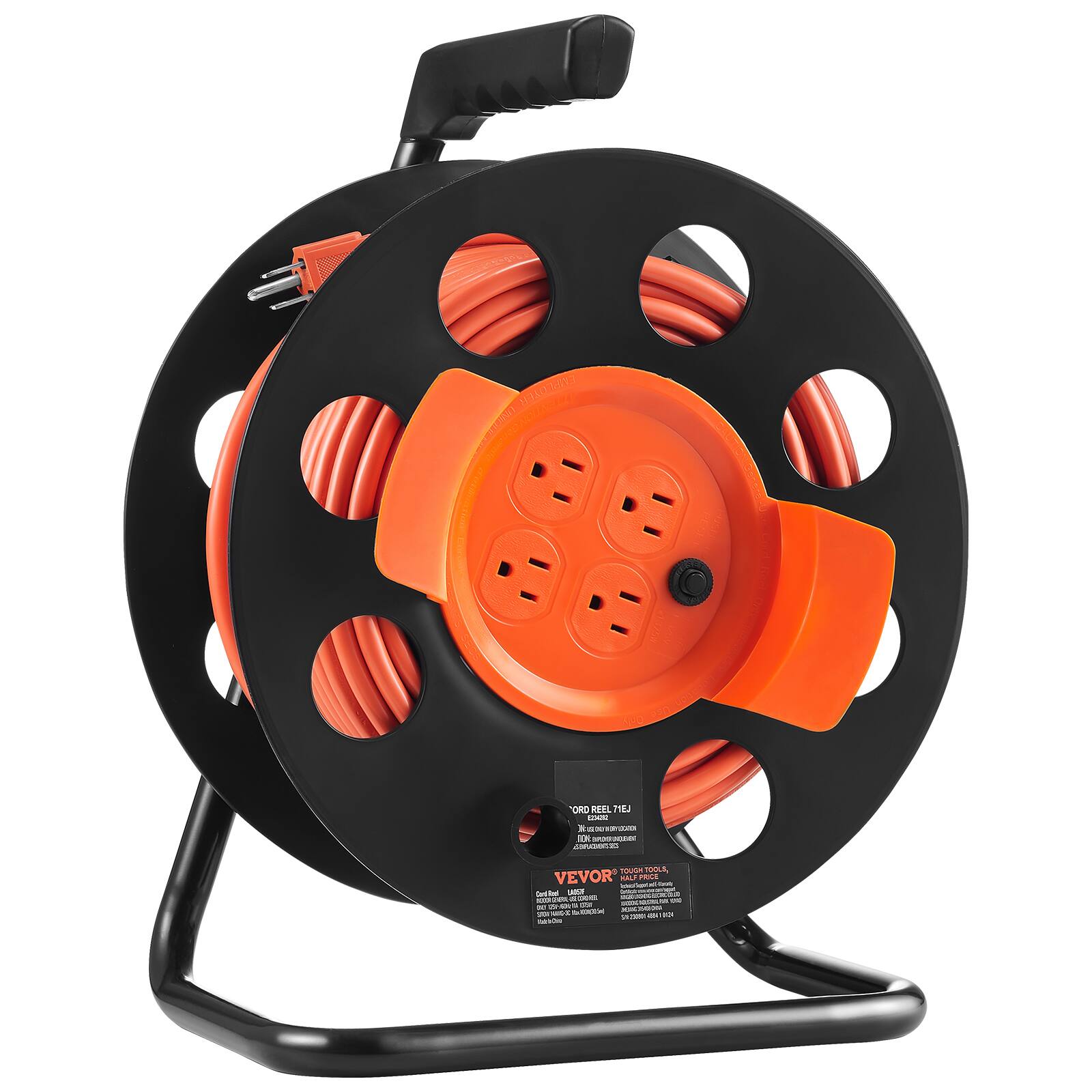 VEVOR - Extension Cord Reel, 100FT, with 4 Outlets and Dust Cover, Heavy Duty 14AWG SJTOW Power Cord, Manual Cord Reel - Orange,Black