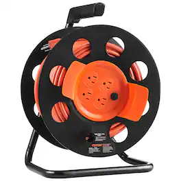 VEVOR - Extension Cord Reel, 100FT, with 4 Outlets and Dust Cover, Heavy Duty 14AWG SJTOW Power Cord, Manual Cord Reel - Orange,Black
