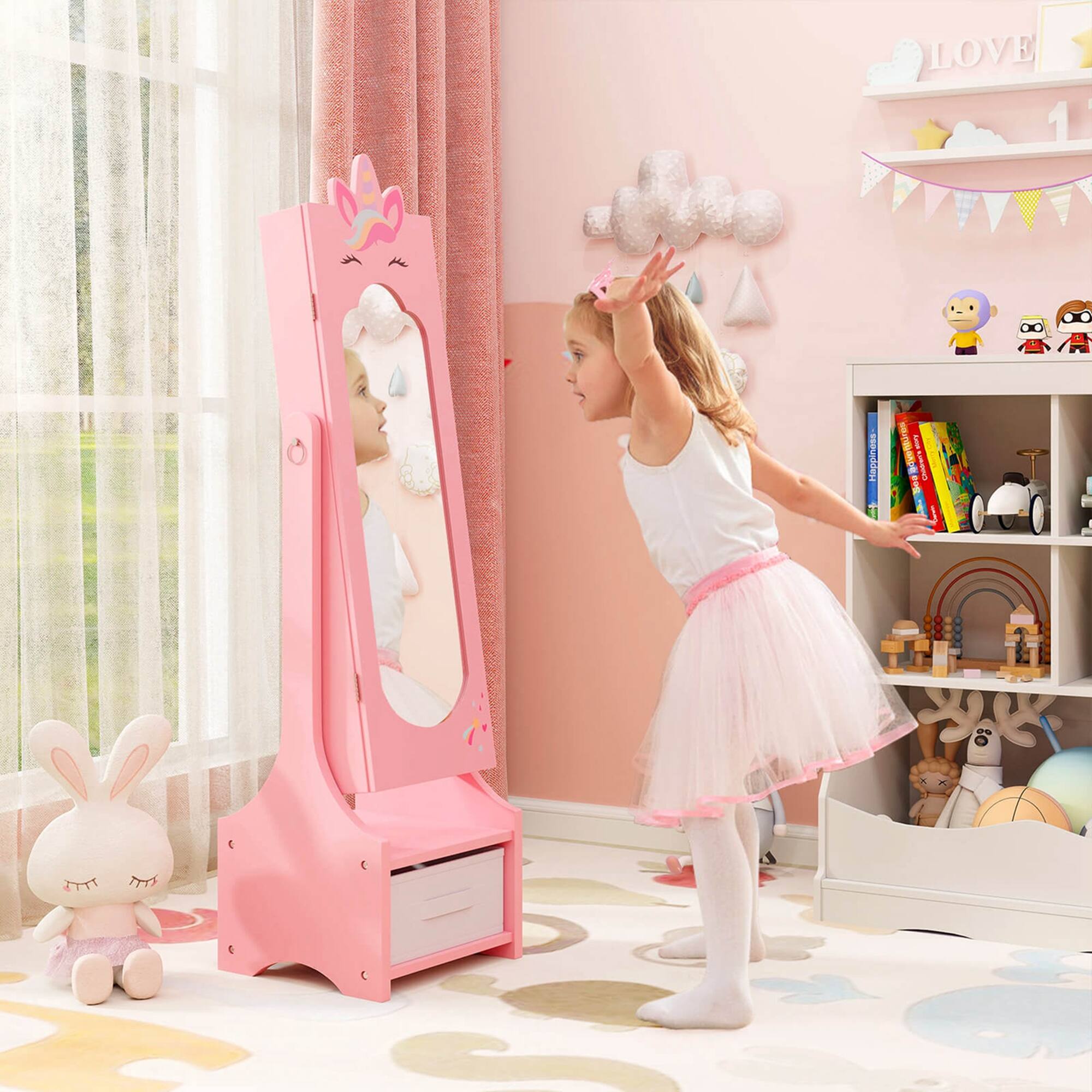 Alt View 3. Costway - Costway Kids Jewelry Cabinet with Full-Length Mirror Drawer 2 Adjustable Tilt Angles - Pink.