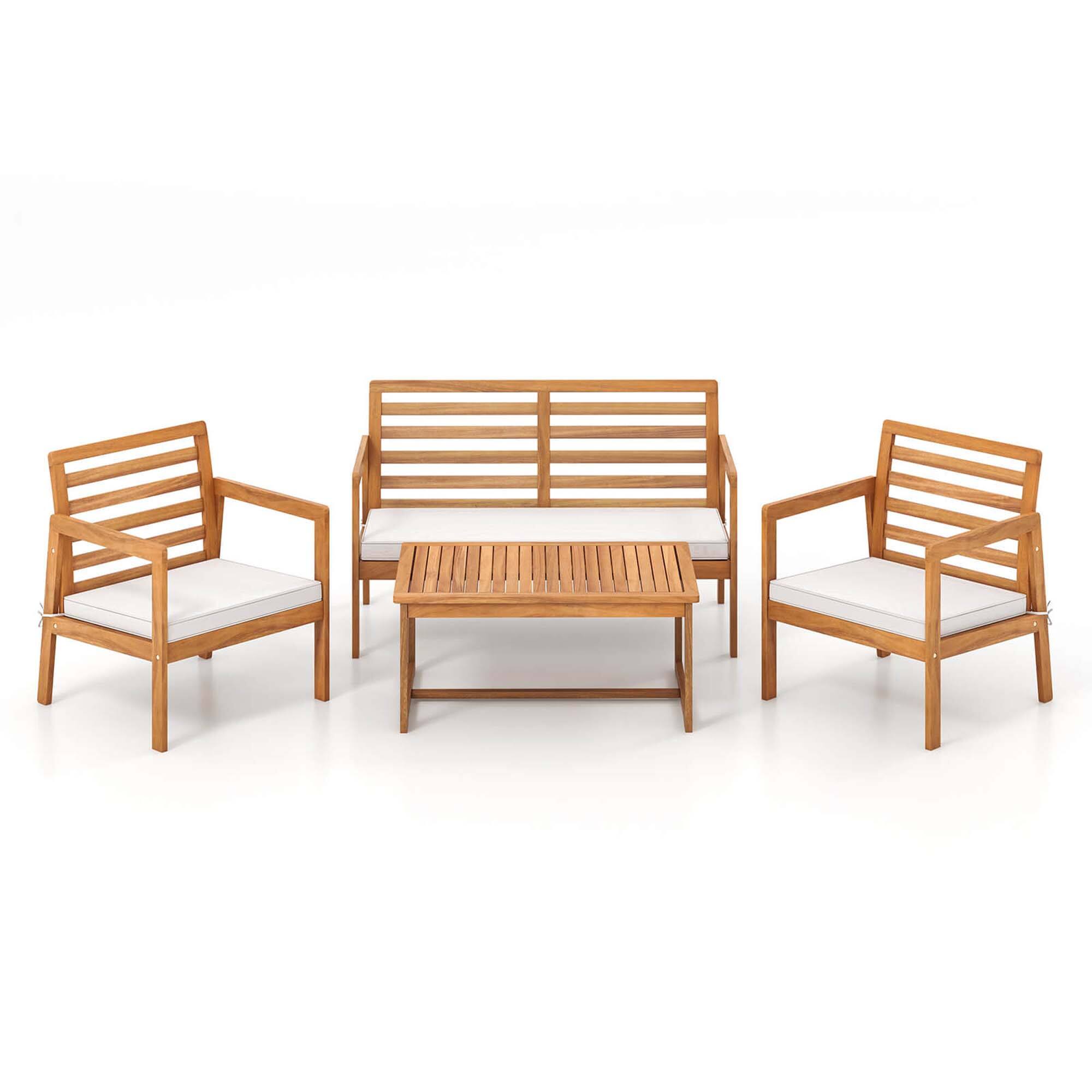 Alt View 10. Costway - 4 PCS Wood Patio Furniture Set with Soft Seat Cushions Solid Acacia Wood Frame - Off White,Natural.