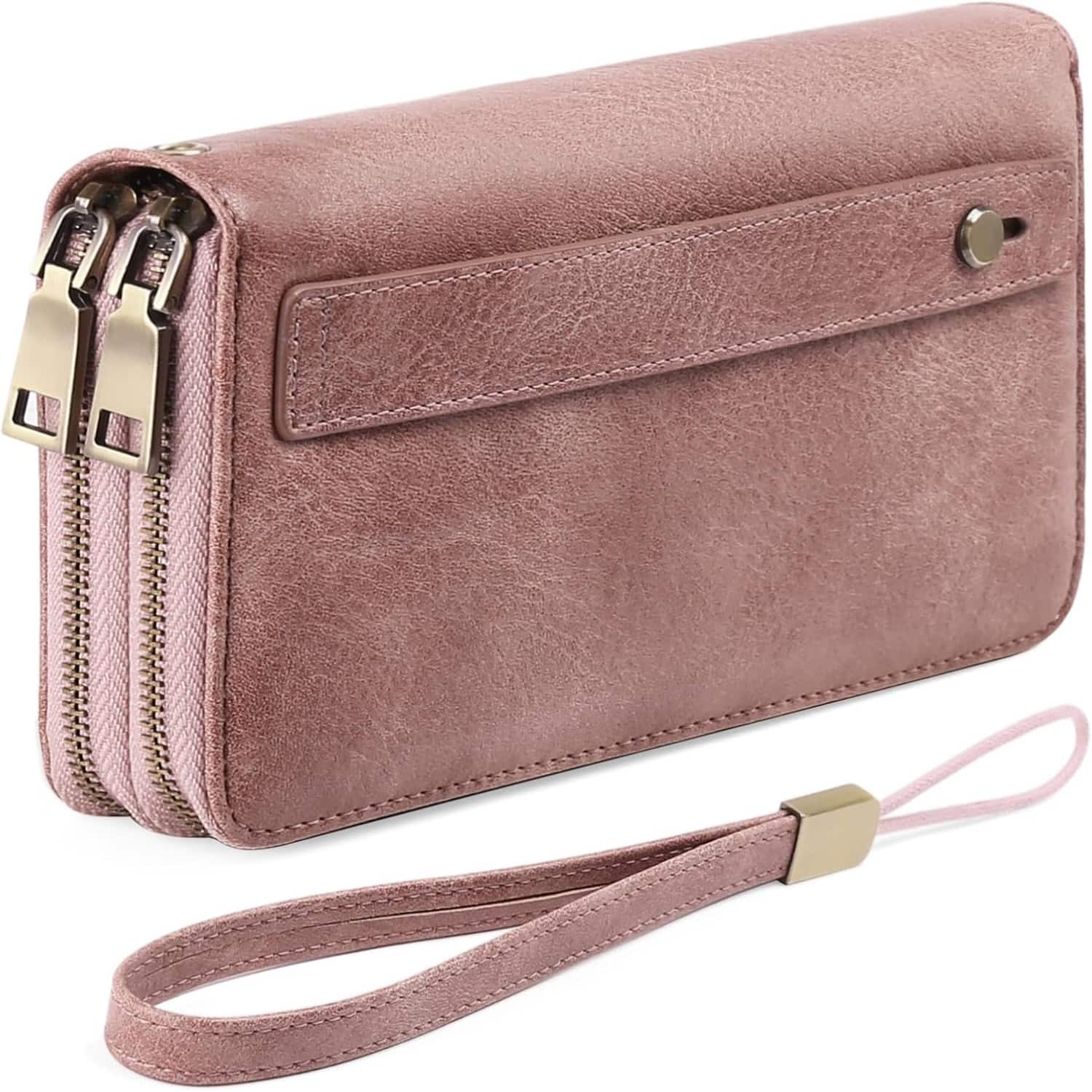 ZUQIETA- Women's RFID Leather Wallet- Large Capacity Clutch with Grip Strap & Card Holder- Type 1 12 Retro Rouge Pink