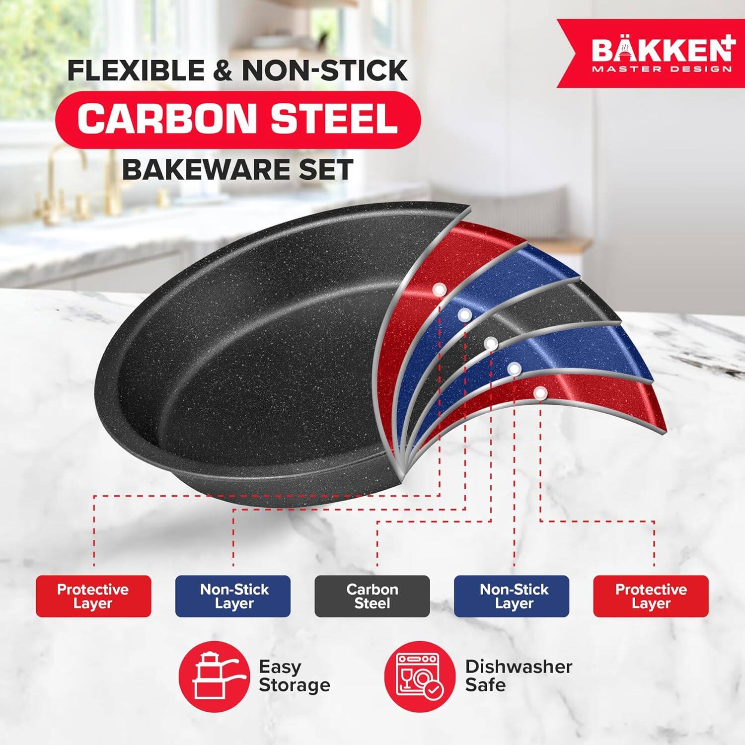 FLEXIBLE & NON-STICK CARBON STEEL BAKEWARE SET BKKEN  MASTER DESIGN
Protective Layer
Non-Stick Layer
Carbon Steel
Non-Stick Layer
Protective Layer
Easy Storage
Dishwasher Safe