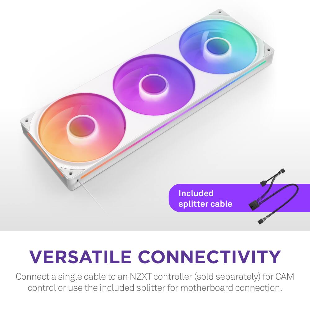 Versatile Connectivity: Connect a single cable to an NZXT controller (sold separately) for control or use the included splitter for motherboard connection.