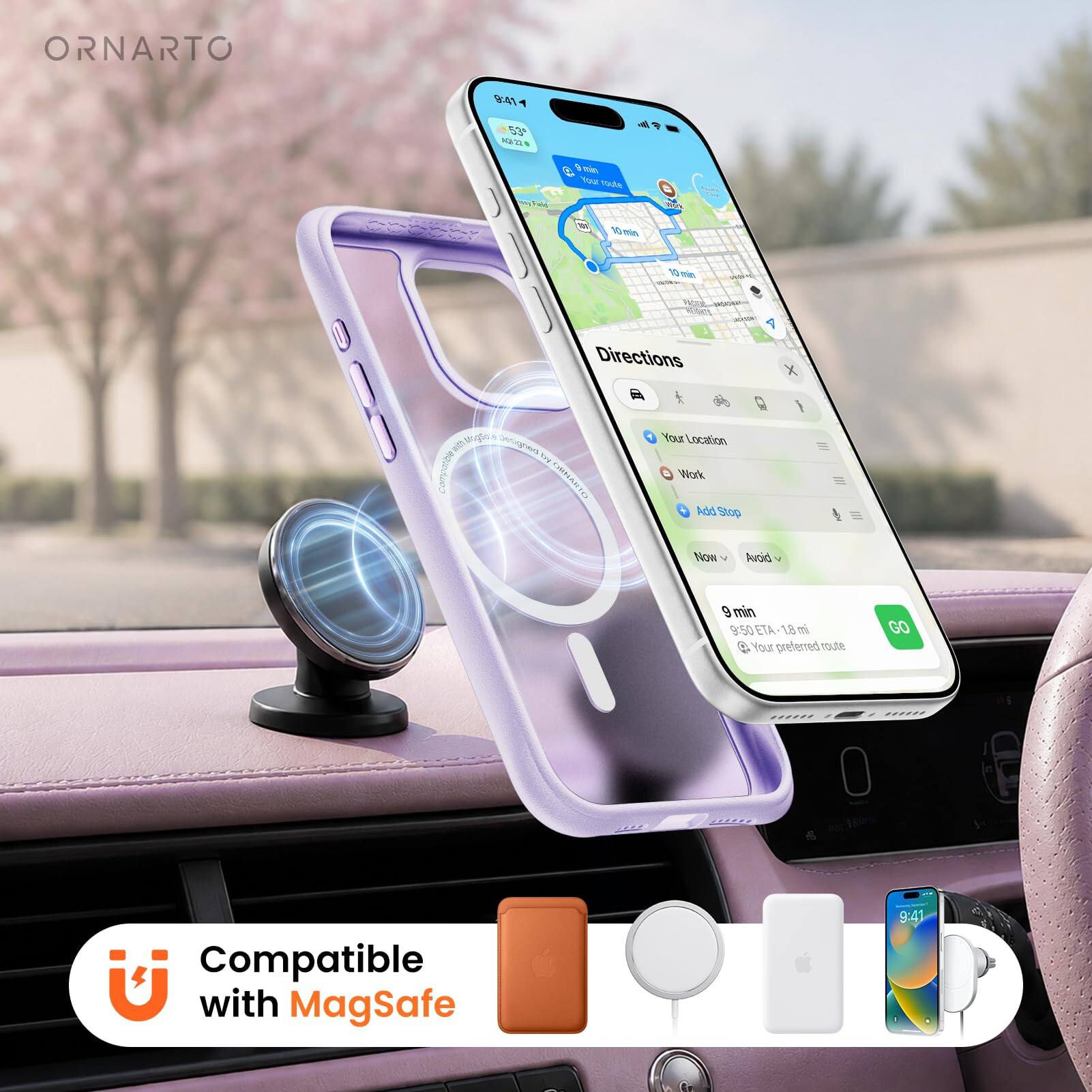 ORNARTO 941 5 MAW - Tua da O 1 - 1 - WA 1 Directions  
X wth Carpany genwa tua CRNARTO  
You Location Work Rde Stop Now Avoid 9 min 9:50 ETA 18 m 4  
Your preterzed tode GO  
Compatible with MagSafe