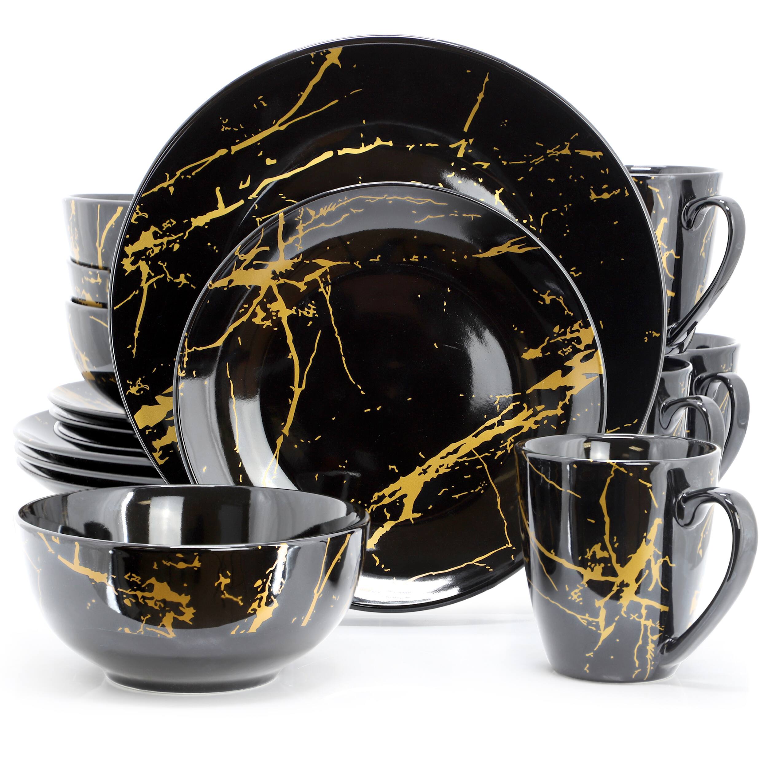 Alt View 3. Elama - Elama Fine Marble 16 Piece Porcelain Dinnerware Set in Black with Gold Veining - Black with Gold.