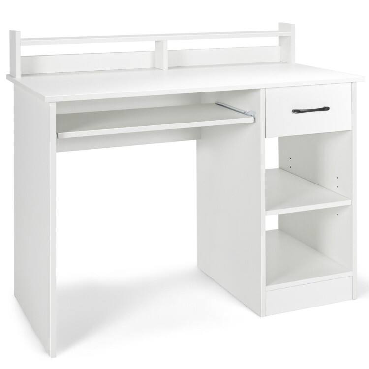 Front. SlickBlue - Compact Laptop Desk with Drawer & Keyboard Tray – Study Table for Office or Home - White.