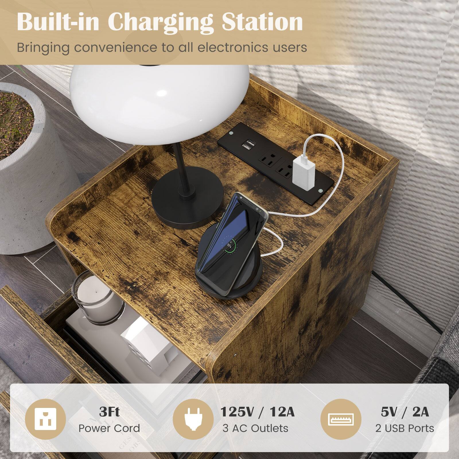 Built-in Charging Station: Bringing convenience to all electronics users.

- 3ft Power Cord
- 125V / 12A: 3 AC Outlets
- 5V / 2A: 2 USB Ports