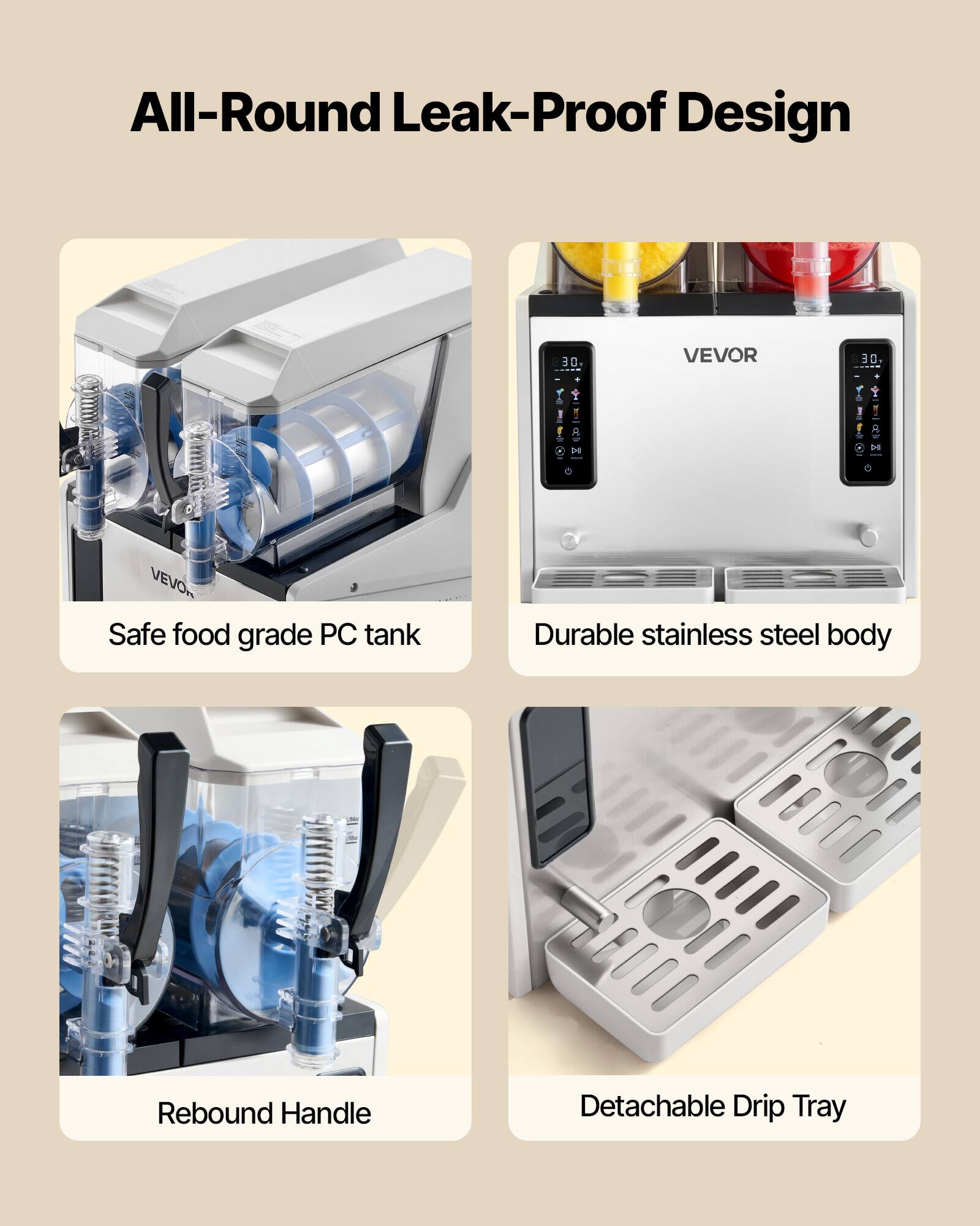 All-Round Leak-Proof Design

- Safe food grade PC tank
- Durable stainless steel body
- Rebound Handle
- Detachable Drip Tray