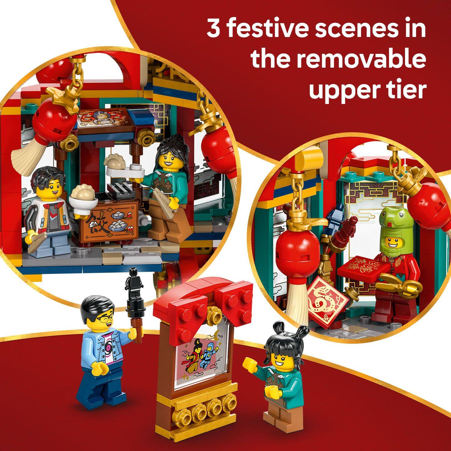 3 festive scenes in the removable upper tier.