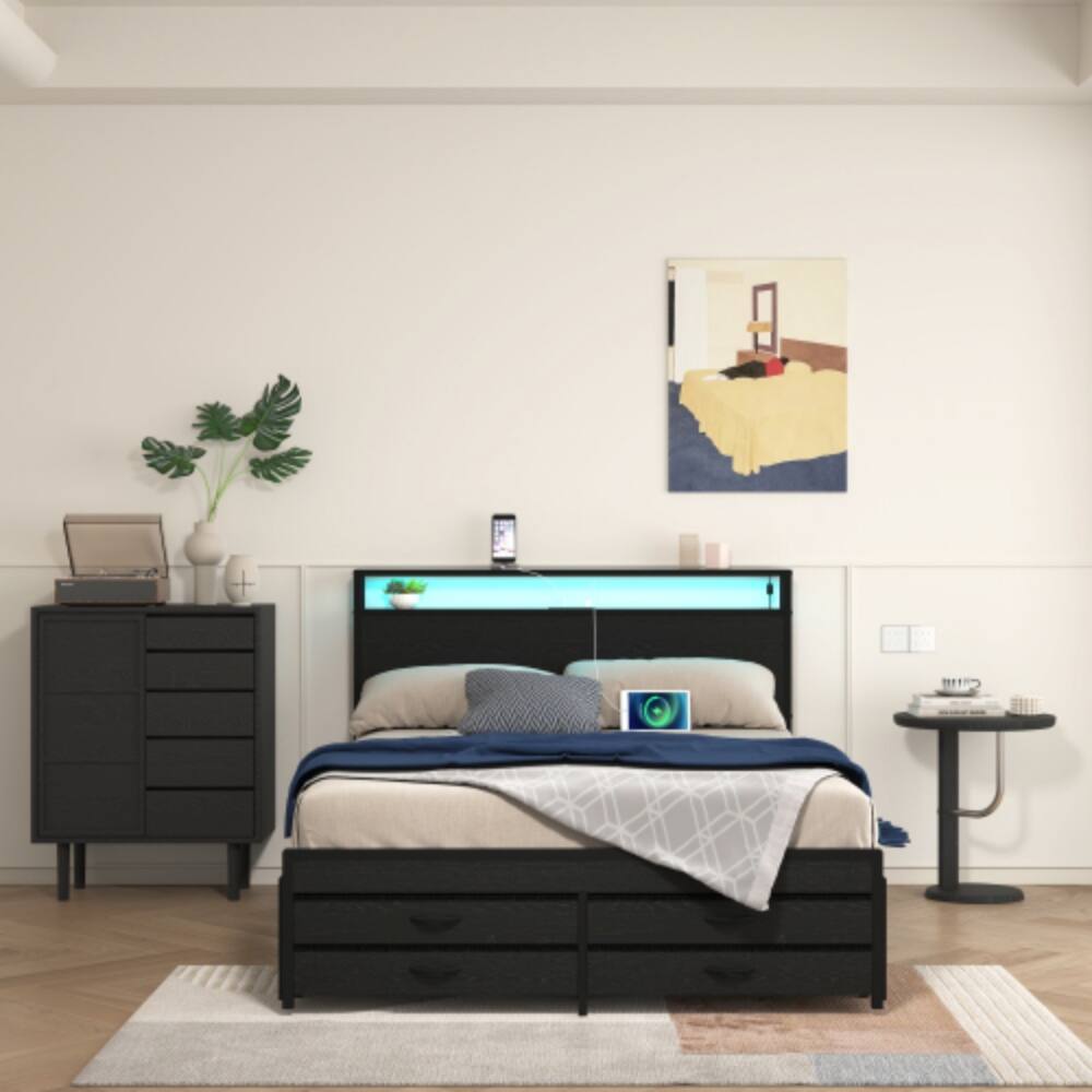 Angle. LUCKY ONE - Full Size Bed Frame with 8 Storage Drawers, LED Headboard, USB Charging Station, Metal Platform, No Box Spring Needed - Black.