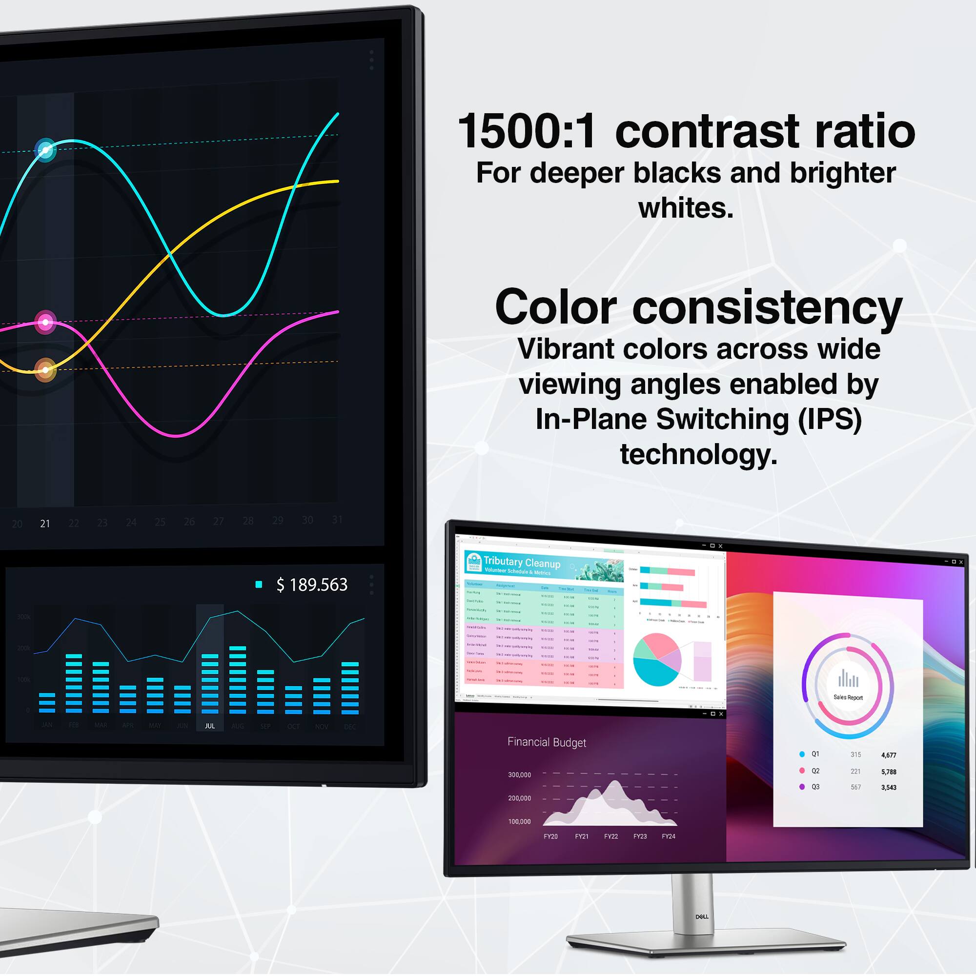 1500:1 contrast ratio  
For deeper blacks and brighter whites.  

Color consistency  
Vibrant colors across wide viewing angles enabled by In-Plane Switching (IPS) technology.  

$189.563  

Tributary Cleanup  
NO  
Sess  
A  

Financial Budget  
AAP  
100.058  
200000  

M  
1.7W  
EMI  
100.000  
ETP  
TEM  
ITM  
ImA
