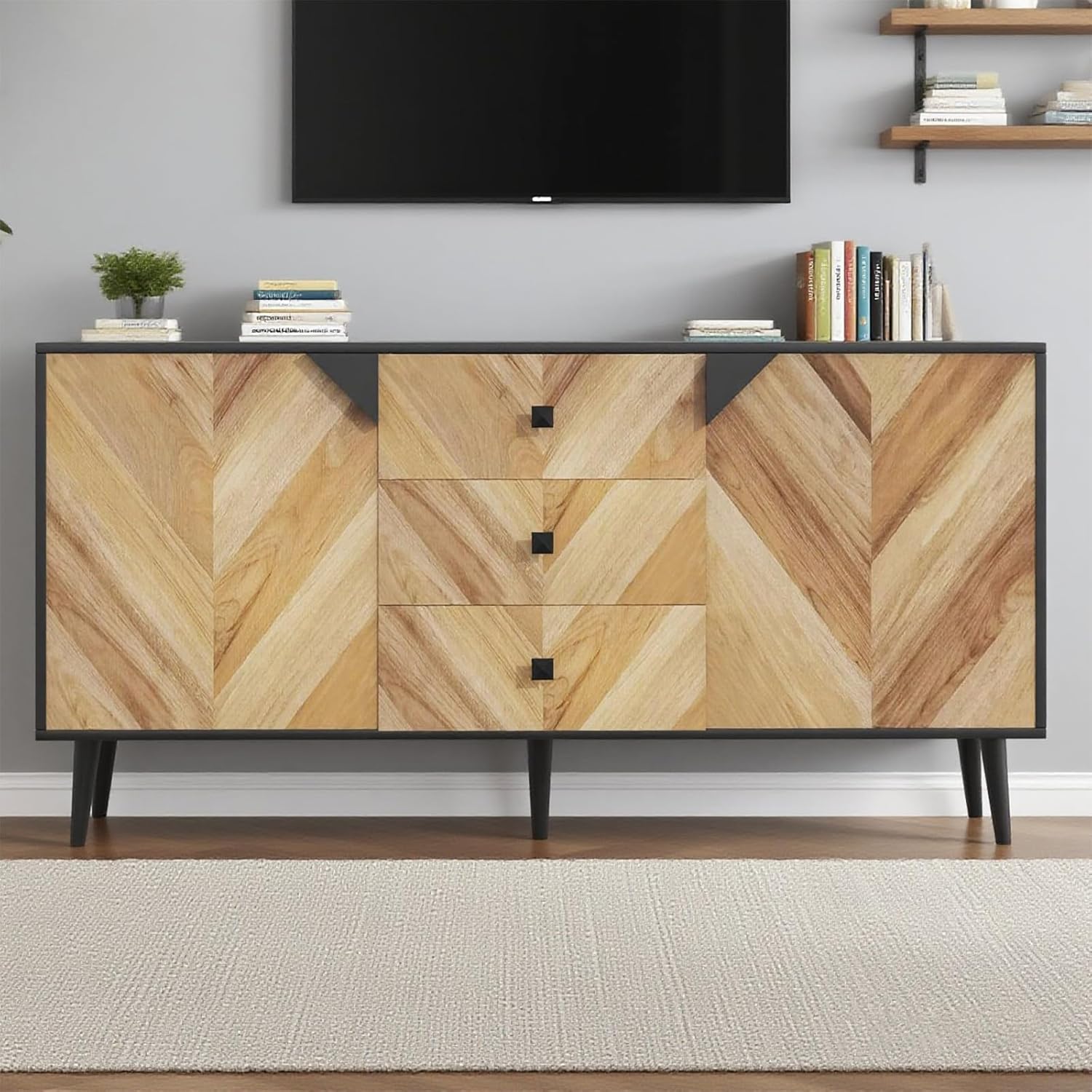 Alt View 5. Qeetex - 55.1" Sideboard Buffet Cabinet with 2 Doors, 3 Drawers & Adjustable Shelves, Modern Wood Finish - Black+walnut Grain.