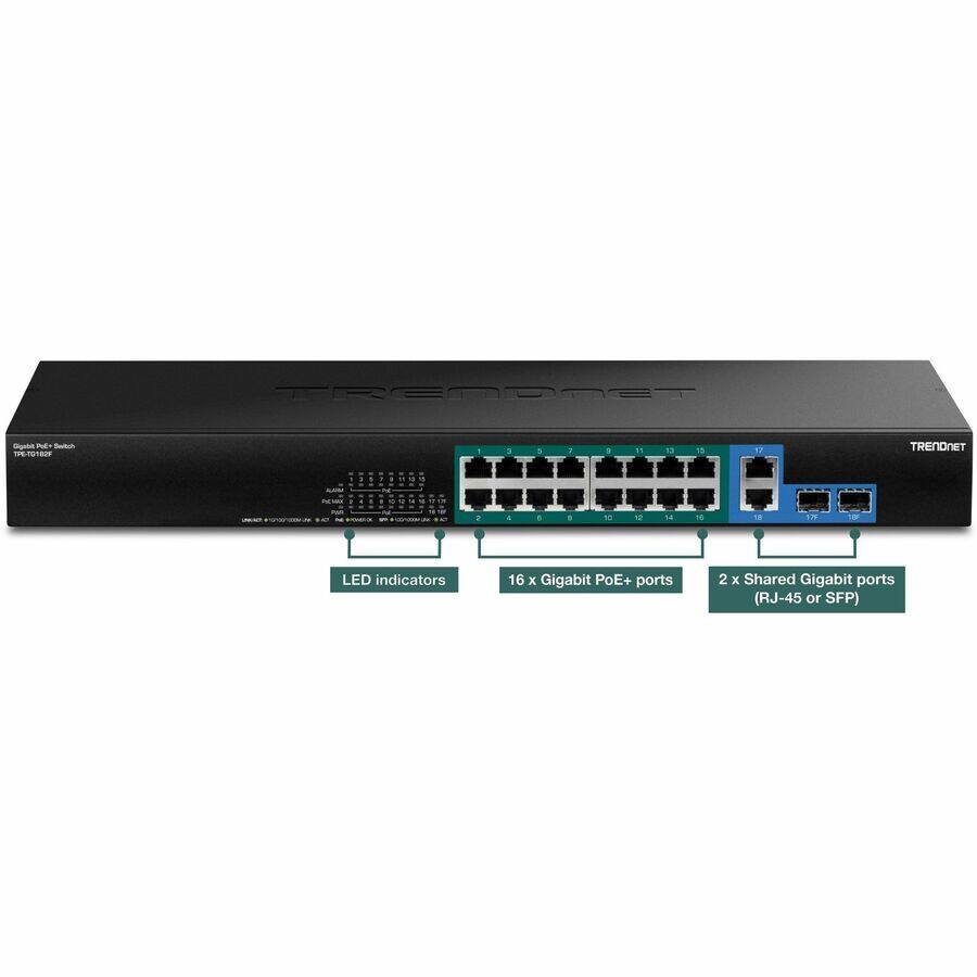 TRENDNET - TP-Link 16-Port Gigabit PoE+ Switch - TP-LINK T1600E

- LED indicators
- 16 x Gigabit PoE+ ports
- 2 x Shared Gigabit ports (RJ-45 or SFP)
