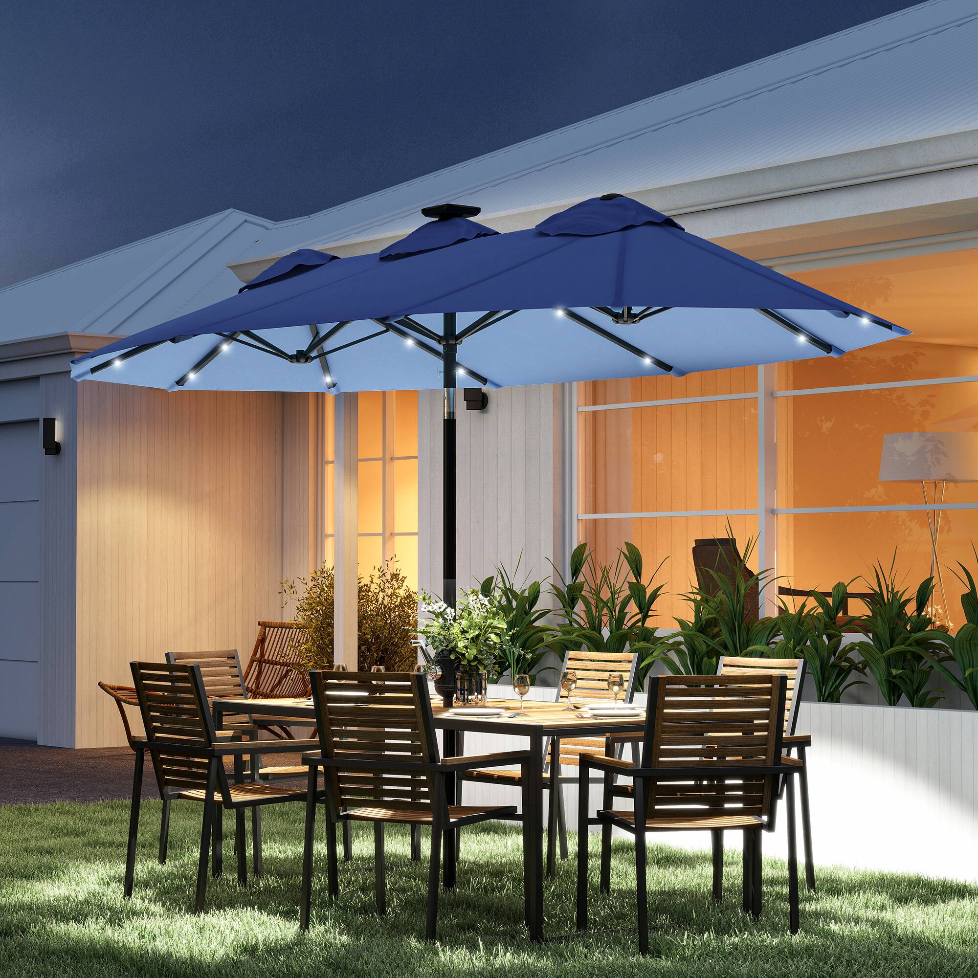 Alt View 1. Outsunny - Patio Umbrella, 9.7' Outdoor Umbrella with Tilt and Crank, LED Solar Light and 12 Ribs - Navy Blue.
