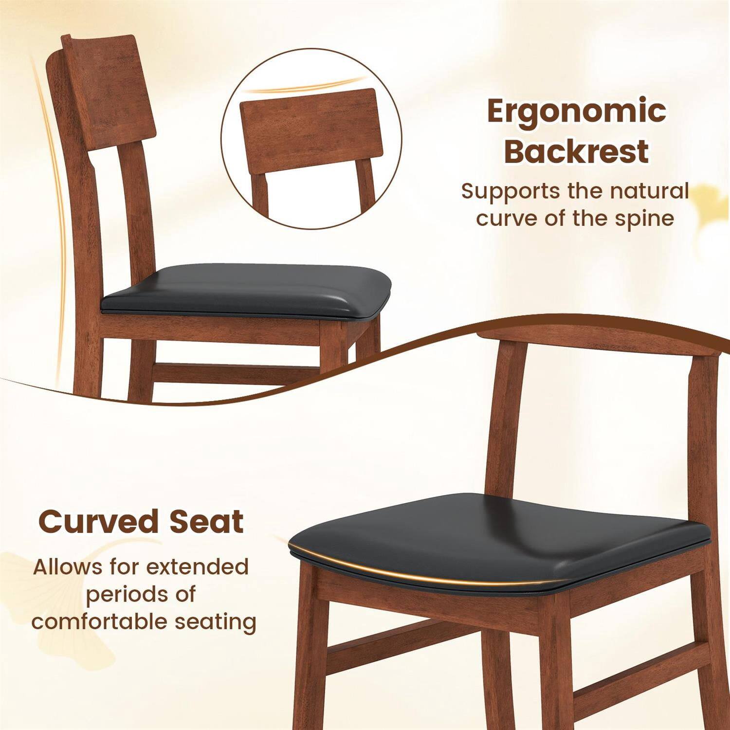 Ergonomic Backrest  
Supports the natural curve of the spine  

Curved Seat  
Allows for extended periods of comfortable seating