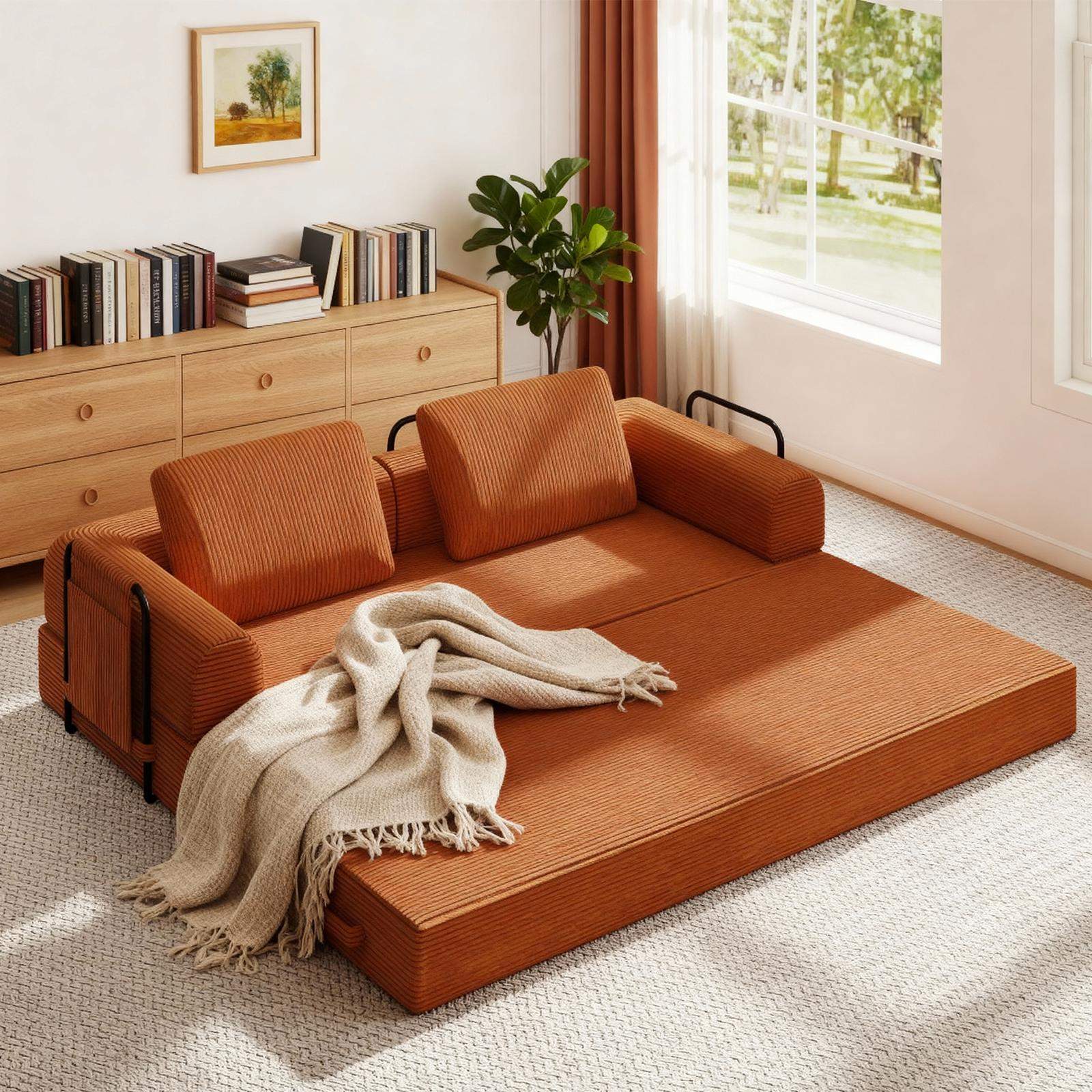 Left. Roomtec - 78 Inch Convertible Sleeper Sofa Bed Futon Boneless Couch Lounge Loveseat with Pull Out Bed No Assembly Required - Orange.