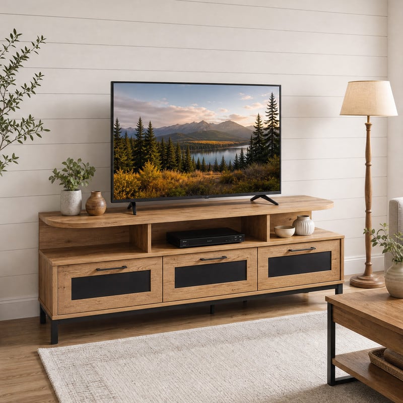 WELLFOR - Mid-Century Modern Entertainment Center for 55"/60"/65"/75" TV, TV Stand Media Console with 3 Drawers - Natural