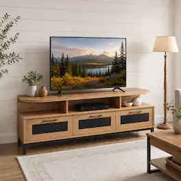 WELLFOR - Mid-Century Modern Entertainment Center for 55"/60"/65"/75" TV, TV Stand Media Console with 3 Drawers - Natural