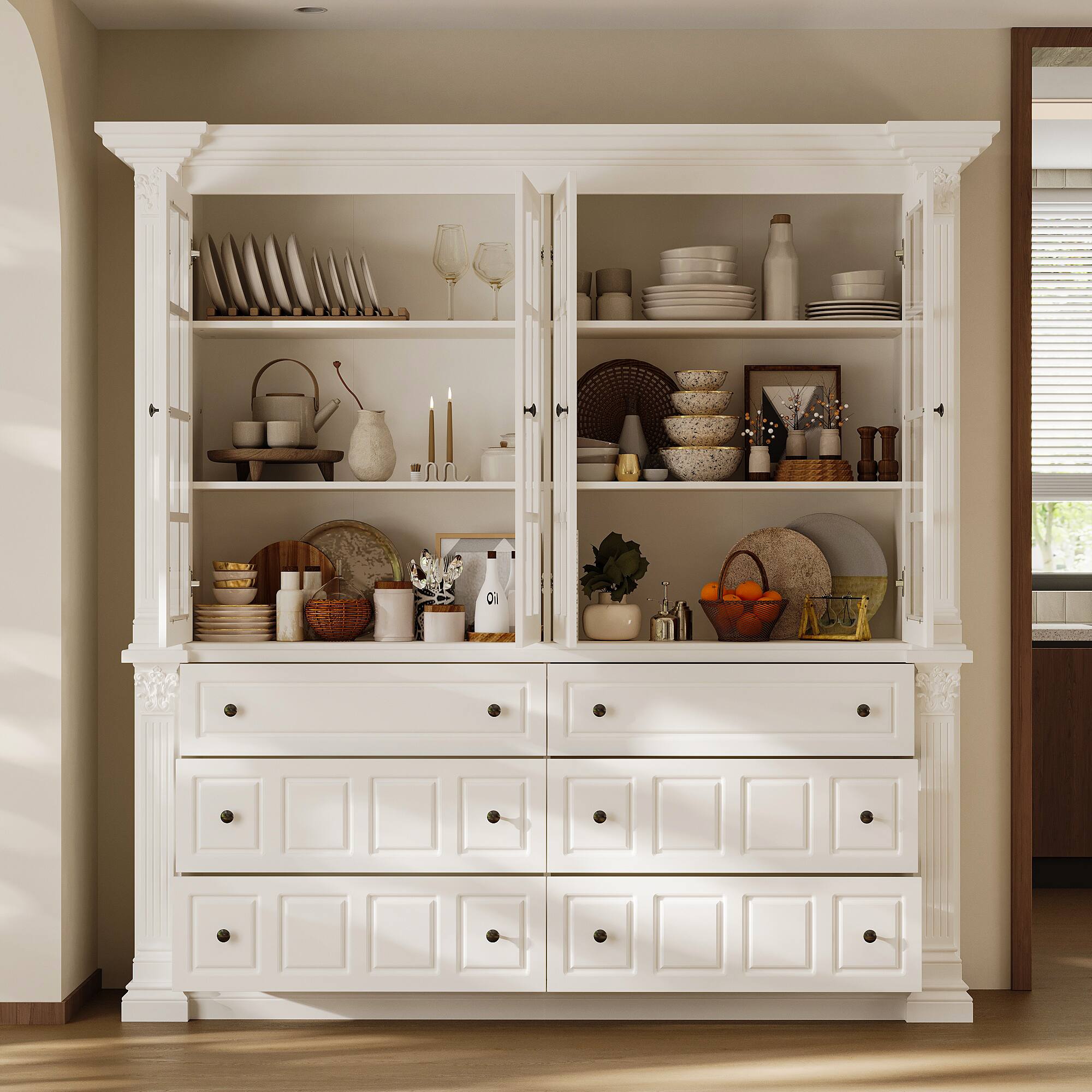 Left. FUFU & GAGA - Extra Large Display Cabinet with Glass Doors and Roman Column Design for Living Room Dining Room Storage - White.