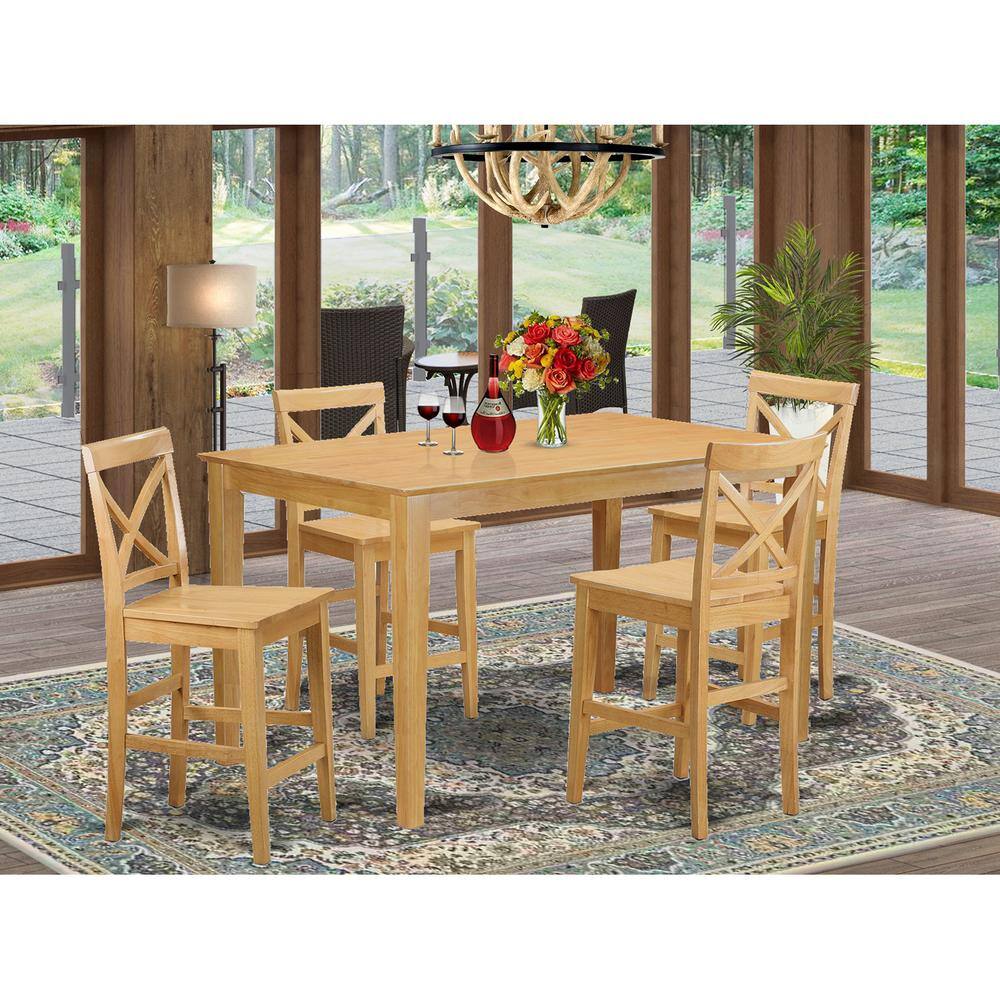 Back. East West Furniture - 5 Pc Counter height Table set- gathering Table and 4 counter height chair. - Oak.