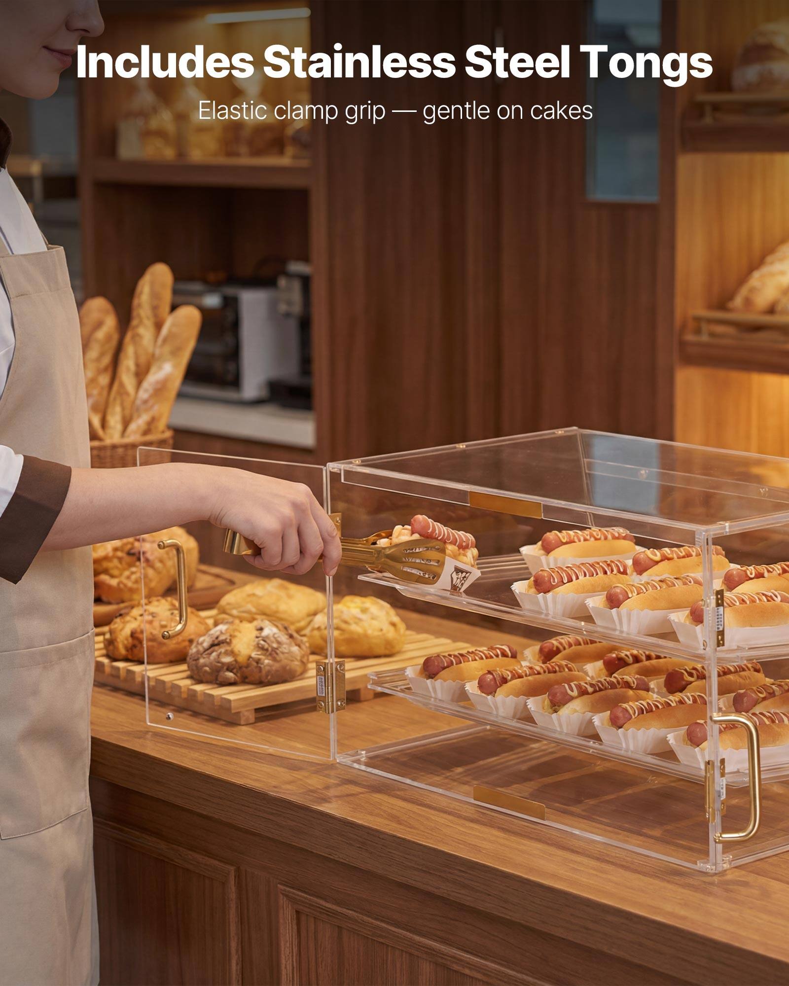 Includes Stainless Steel Tongs  
Elastic clamp grip - gentle on cakes