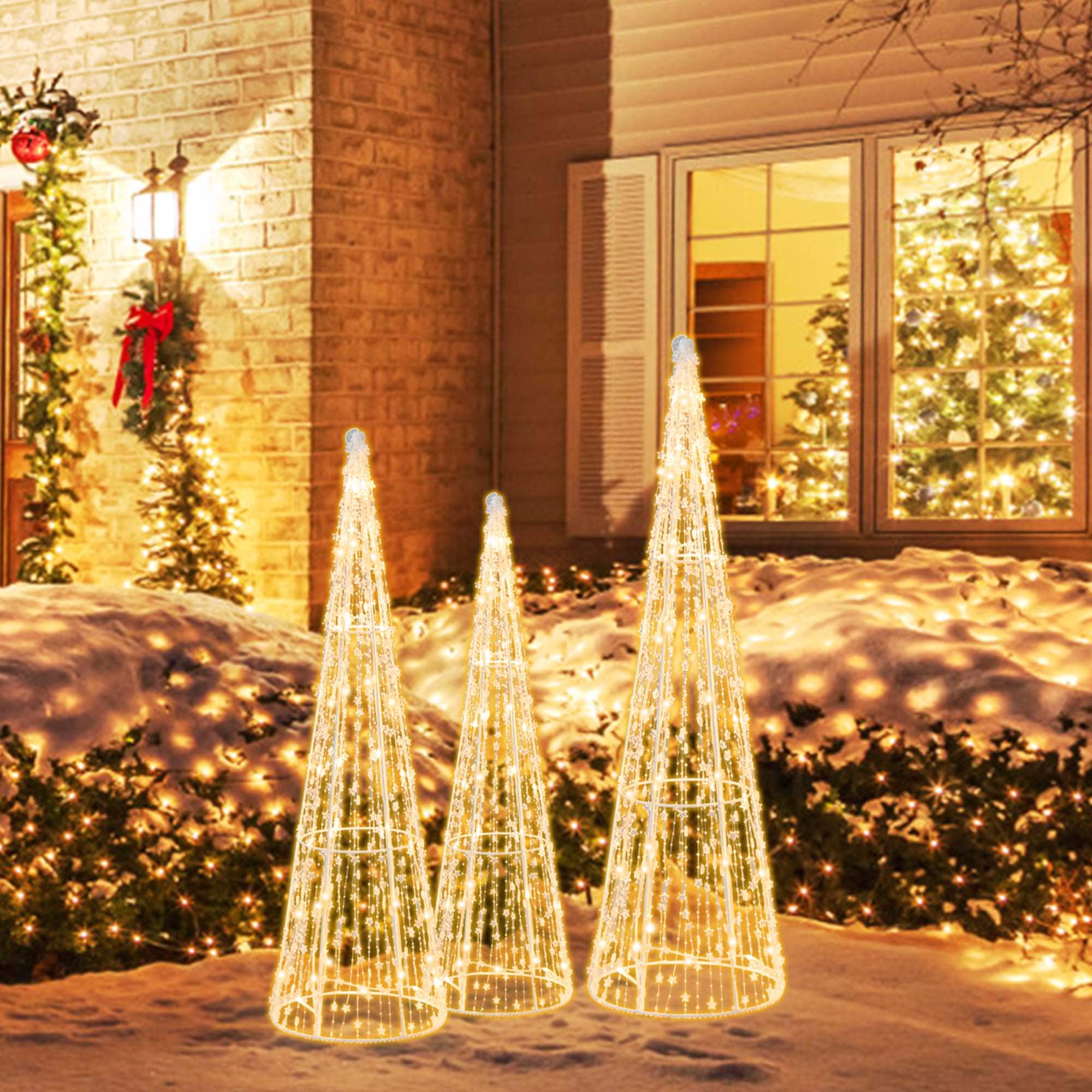 Costway - Set of 3 Pre-lit Christmas Cone Trees Decoration with Star String & 90 Lights - Gold
