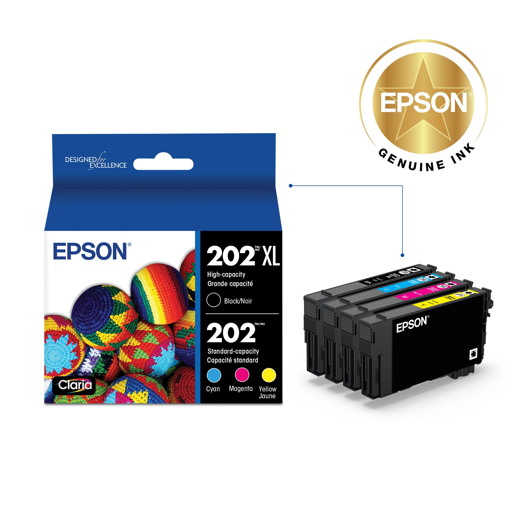 EPSON DESIGNED FOR EXCELLENCE GENUINE INK EPSON 202 XL High-capacity Grande capacit Black/Noir - - 202 Standard-capacity Capacit standard P 60 I  DO 64 - - EPSON's Claria Cyan Magenta Yellow Orange Black