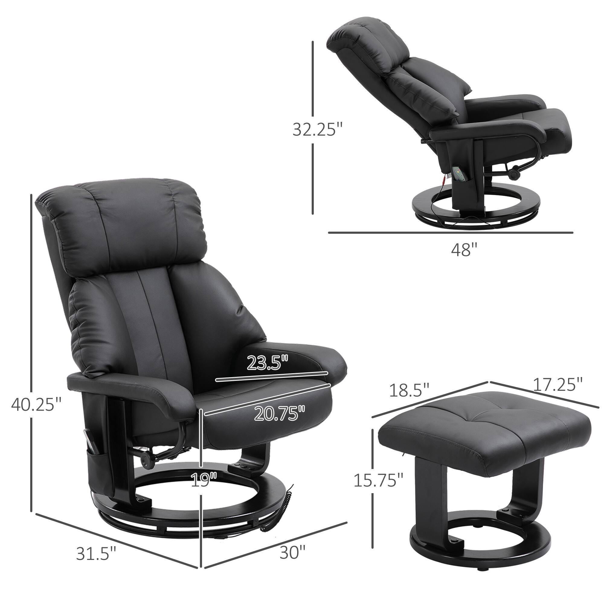 Here are the corrected measurements grouped according to the image:

**Recliner Chair:**
- Height: 40.25"
- Width: 48"
- Depth: 32.25"
- Seat Height: 19"
- Seat Depth: 23.5"
- Armrest Height: 20.75"
- Base Diameter: 31.5"

**Footrest:**
- Height: 15.75"
- Width: 18.5"
- Depth: 17.25"