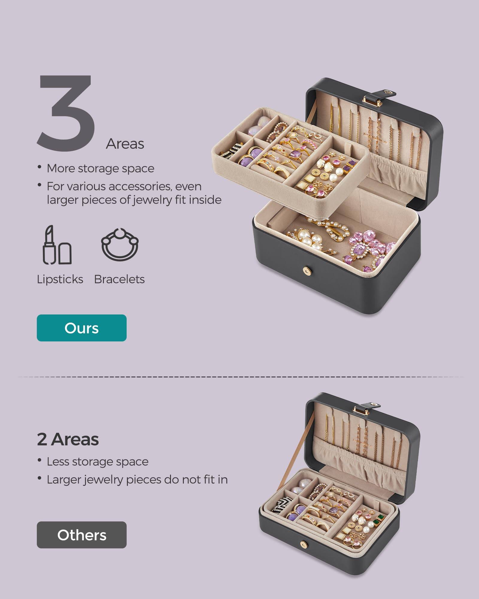 3 Areas  
- More storage space  
- For various accessories, even larger pieces of jewelry fit inside  

Lipsticks Bracelets  

Ours  

2 Areas  
- Less storage space  
- Larger jewelry pieces do not fit in  

Others