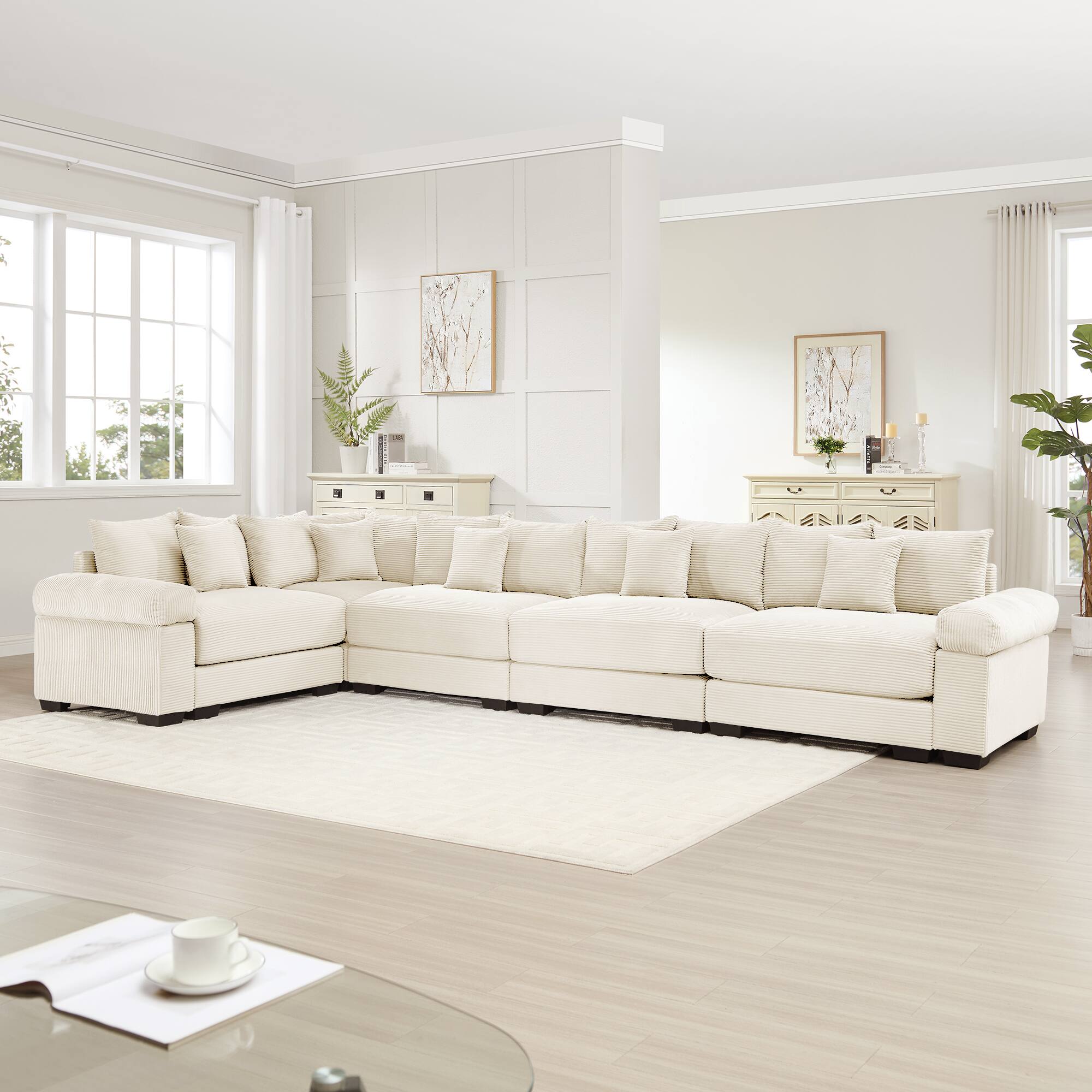 Angle. LOVMOR - Modular Deep Seat Storage Ottoman Corduroy Sectional Couch Compressed Pack For Study Den Soft Textured Home TV - Cream.