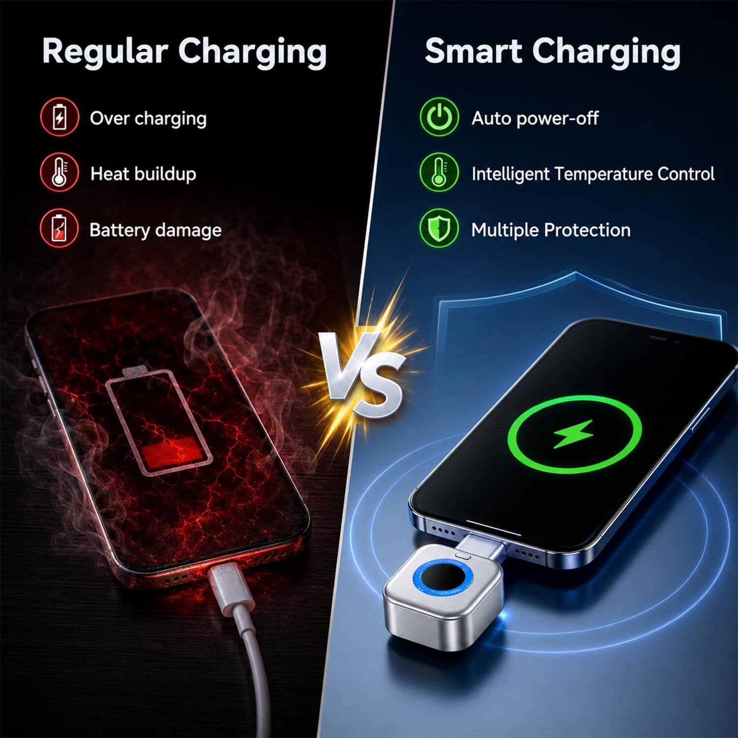 Regular Charging  
Over charging  
Heat buildup  
Battery damage  

VS  

Smart Charging  
Auto power-off  
Intelligent Temperature Control  
Multiple Protection