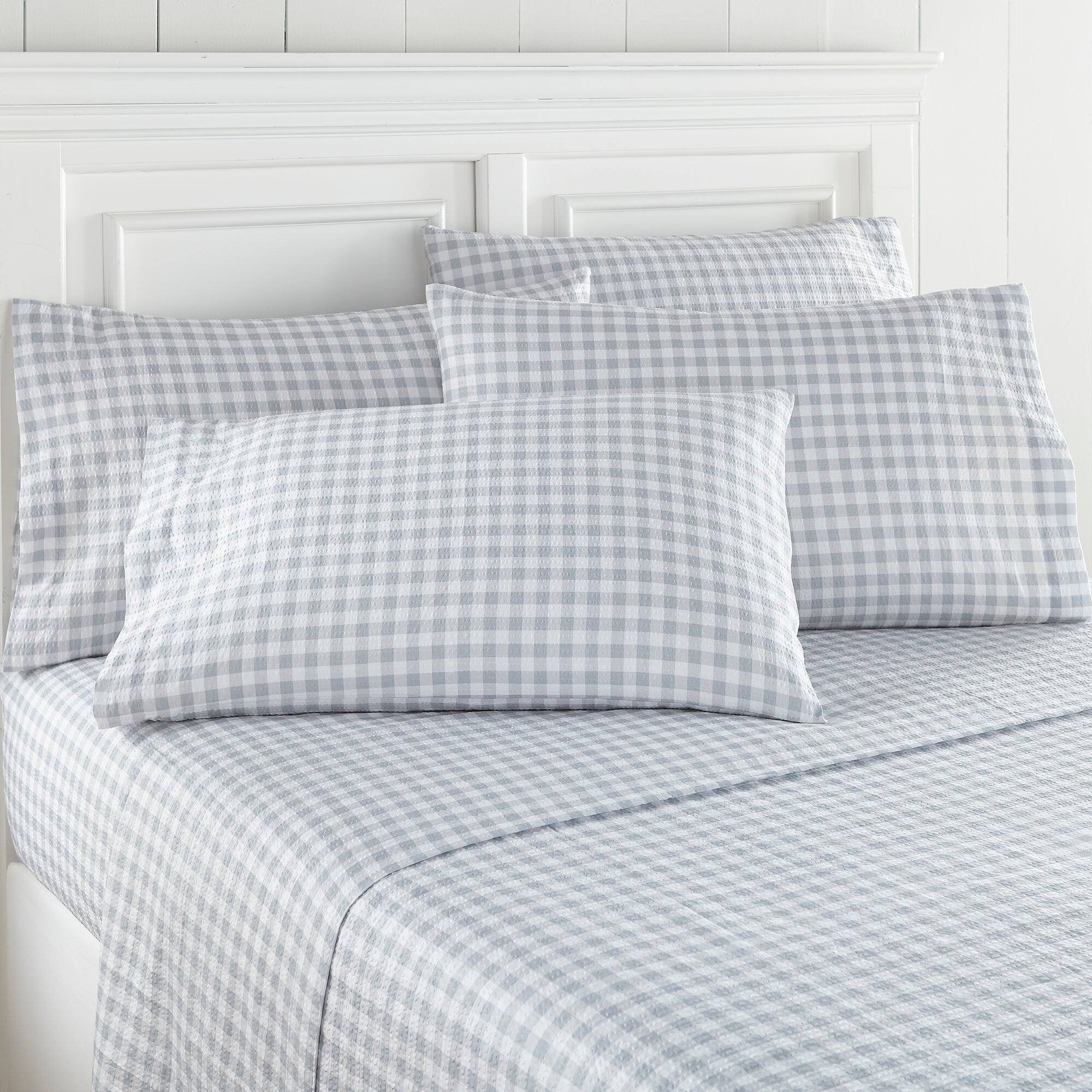 Alt View 1. Shavel Home Products - Shavel Home Products Gingham Blue Seersucker Sheet Set - Stylish and Comfortable Bedding - Gingham Blue.