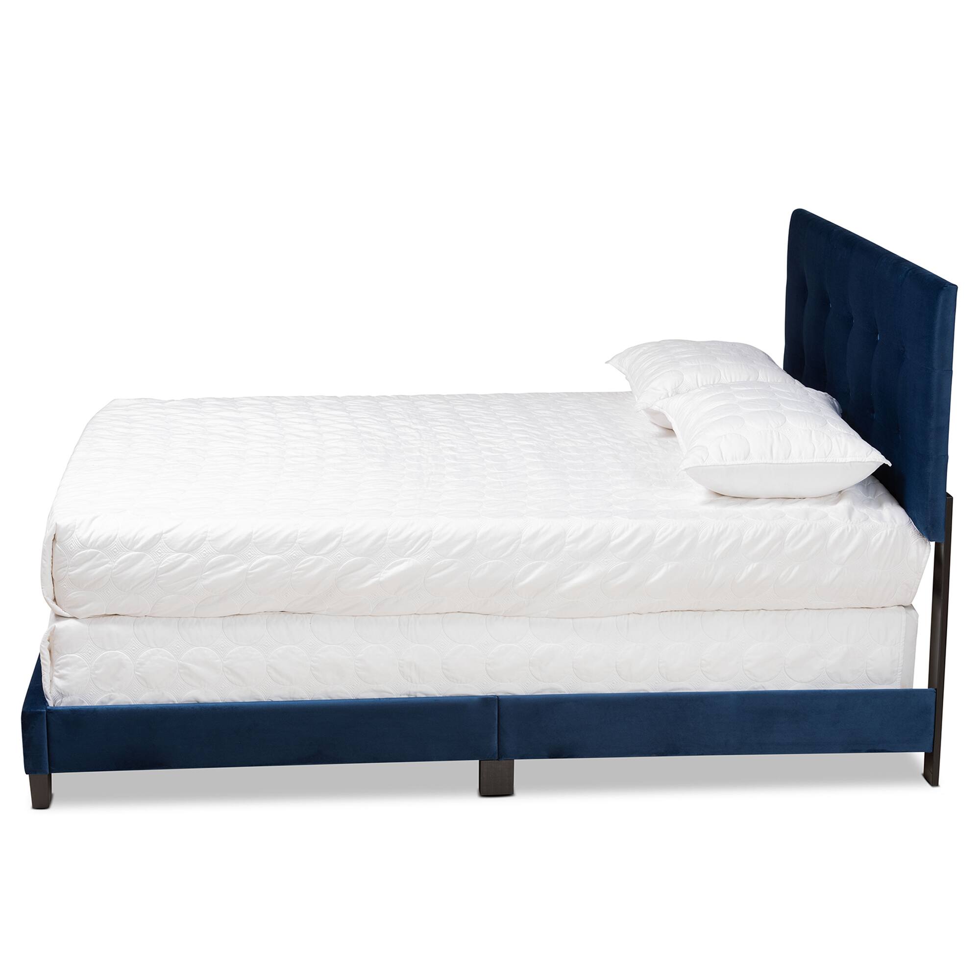 Angle. Baxton Studio - Caprice Modern and Contemporary Glam Velvet Fabric Upholstered Panel Bed - Navy Blue/Black.